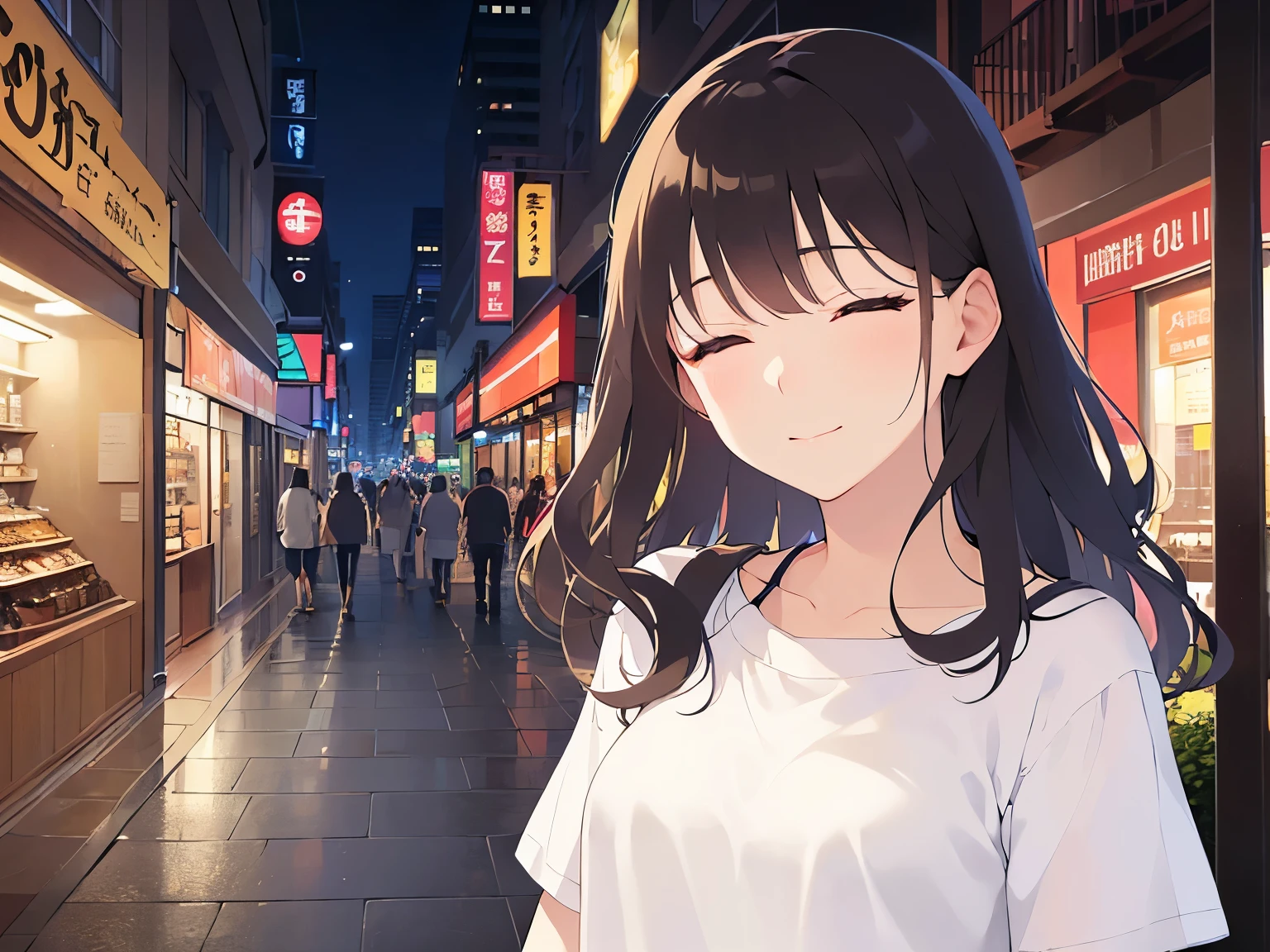 covering mouth with hand、Upper Body, Realistic, real person, (pale skin: 1.2), RAW photo, photorealistic, portrait photography, shiny skin, japanese idol、shiny hair、(25 year old woman with medium hair with bangs) and (wavy hair) and (brown hair) and (closed eyes:1.5) , plain white t-shirt 、 The background is a shopping street at night、Alone、Are standing