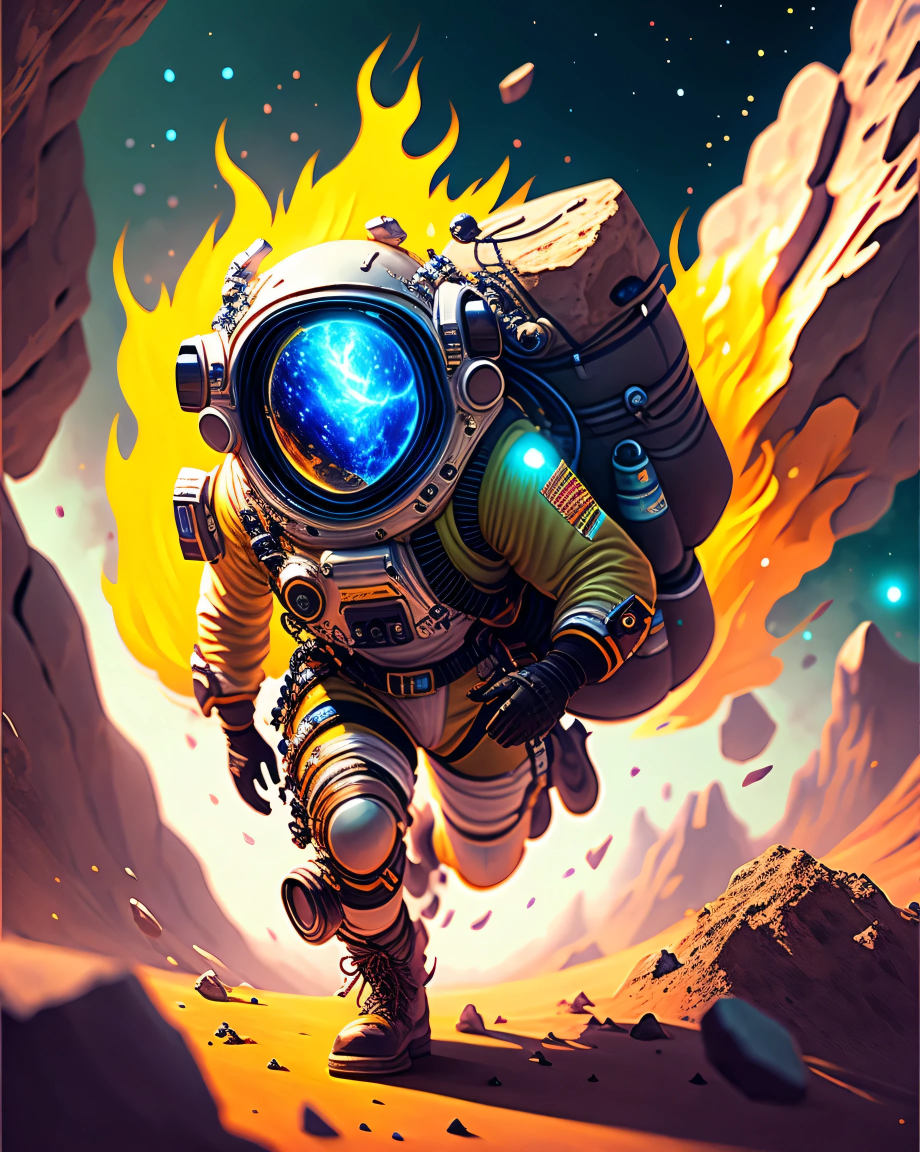 Atronaut with LIGHT SWARD, climbing the asteroid, character render, ultra high quality model, ethereal background, abstract beauty, explosive volumetric, oil painting, heavy strokes, paint dripping HDR (High Dynamic Range) ,Ray Tracing, NVIDIA RTX, Super-Resolution, Unreal 5, Subsurface scattering, PBR Texturing