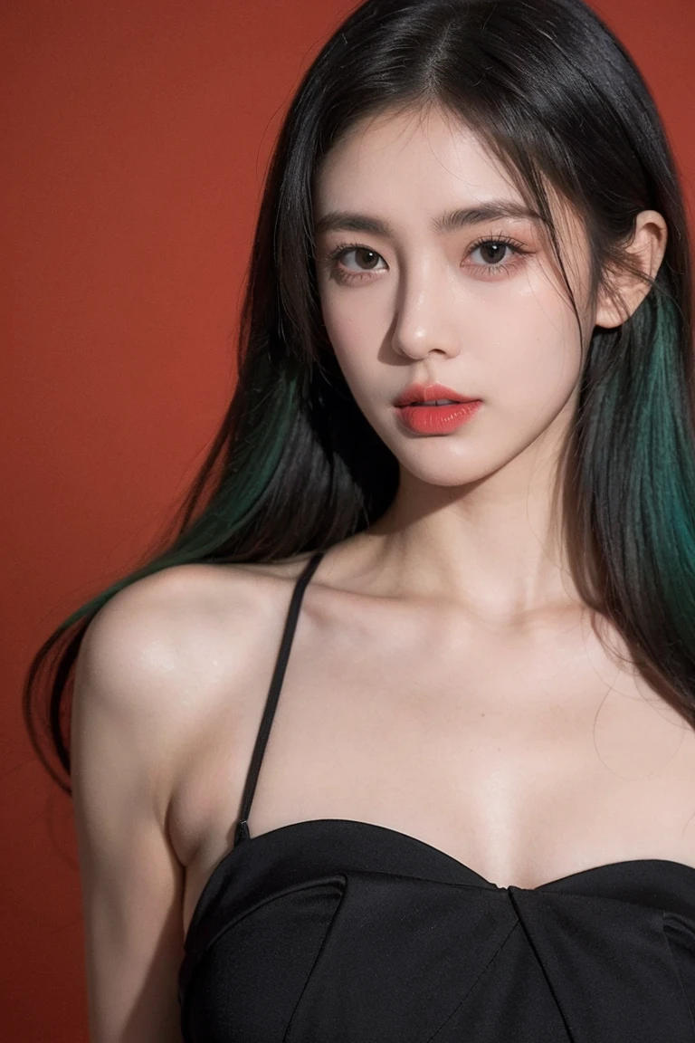 21yo girl, green hair, red background,