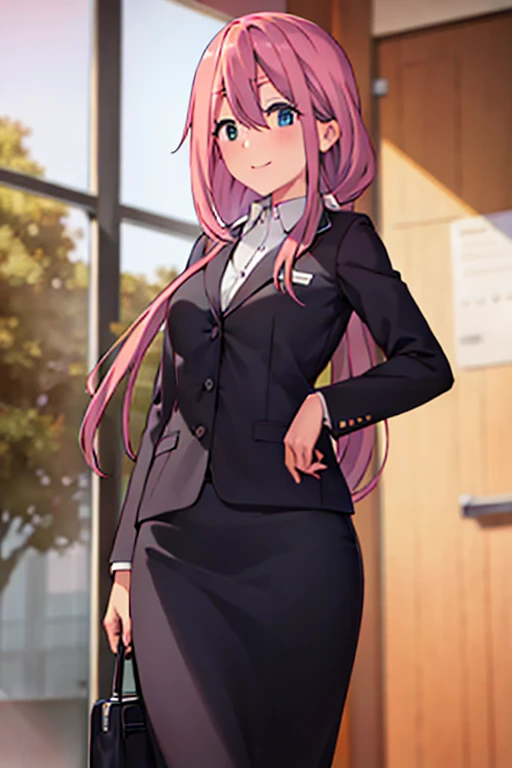 1girl, nadeshiko kagamihara, suit, office lady, black skirt, black blazer, pencil skirt, white shirt, collared shirt, long hair, teenager, looking at viewer, full body, smiling, cowboy shot,