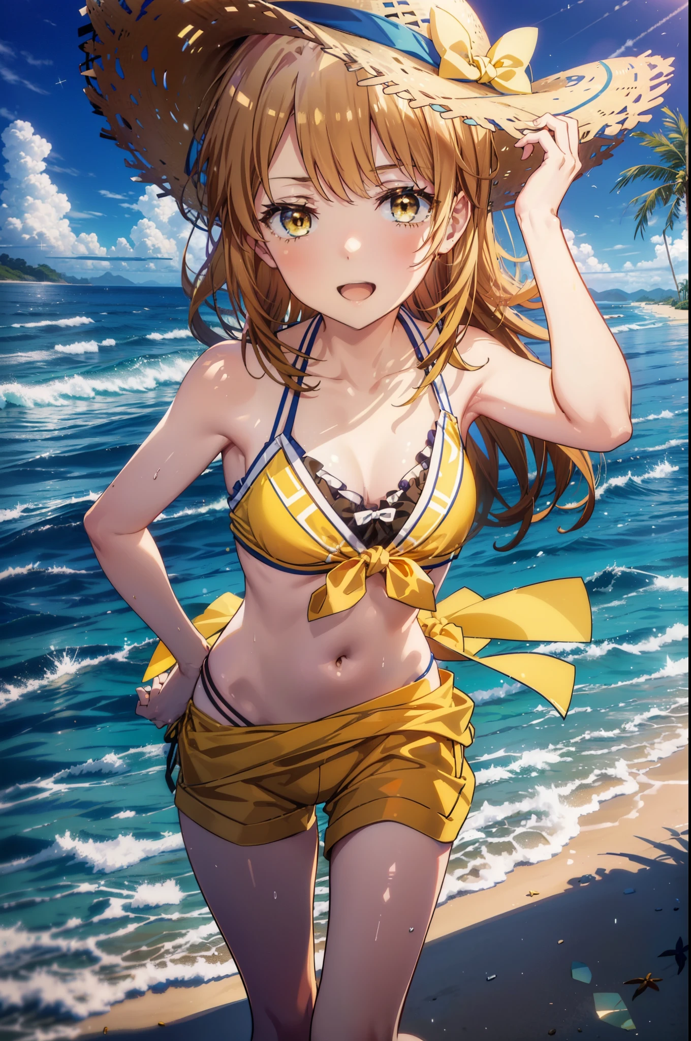 irohaisshiki, iroha isshiki, long hair, brown hair, (brown eyes:1.5), Medium chest,happy smile, smile, open your mouth,smile,big straw hat,Yellow bikini swimsuit,naked belly,It's thin, A yellow blanket is tied around her waist., barefoot, beach outfit,real summer,Palm tree, 砂浜
break outdoors, beach,
break looking at viewer,
break (masterpiece:1.2), highest quality, High resolution, unity 8k wallpaper, (shape:0.8), (fine and beautiful eyes:1.6), highly detailed face, perfect lighting, Very detailed CG, (perfect hands, perfect anatomy),