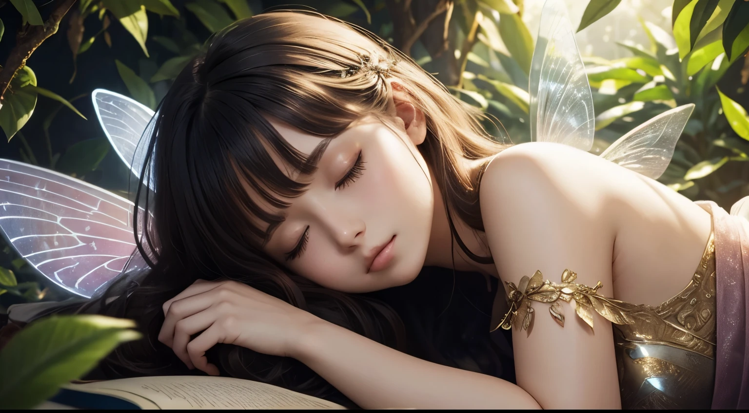 A beautiful fairy with wings、Sleeping、With the fairy in front、Upper body、bangs、close up of face、glossy lips、afternoon library、sunlight filtering through the foliage、high resolution、mysterious、high resolution、