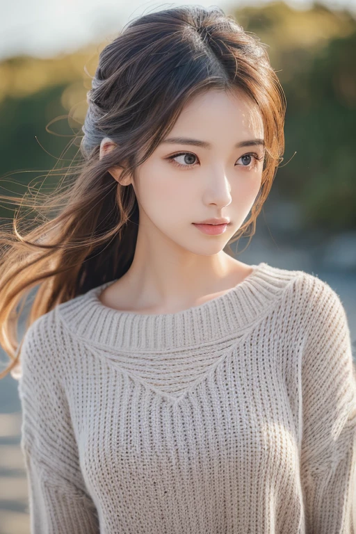 ((highest quality, 8K, masterpiece: 1.3)), woman (full body portrait, front, Wearing a long sweater), seabird, Catch Pose, overhead camera, sharp focus: 1.2, cute woman: 1.4, (((hairstyle random)), highly detailed face、skin、hair texture, detailed eye, double eyelid, 白いskin, beautiful and delicate nose, かわいい若い日本のwoman, 28 years old, at a dynamic angle, eyeに心地よく、Thought-provoking composition, Emphasize the subject's hair, eye, words and actions, While creating a melancholy feeling characterized by calm tones and contrast between light and shadow.,