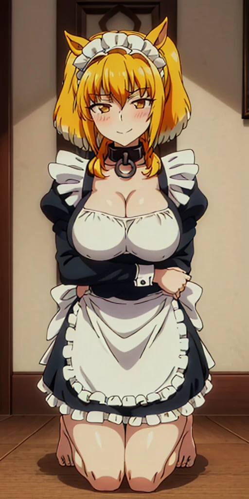 1solo girl female Roxxane, cute, maid victorian, maid apron, straight face, dazed, Body position: Standing, straight, symmetrical, barefoot, fluffy ears, milf bimbo lustful smirking smile red blush red cheeks, chain leash, kneeling, shackles, leather black collar slave, 2 high ponytails