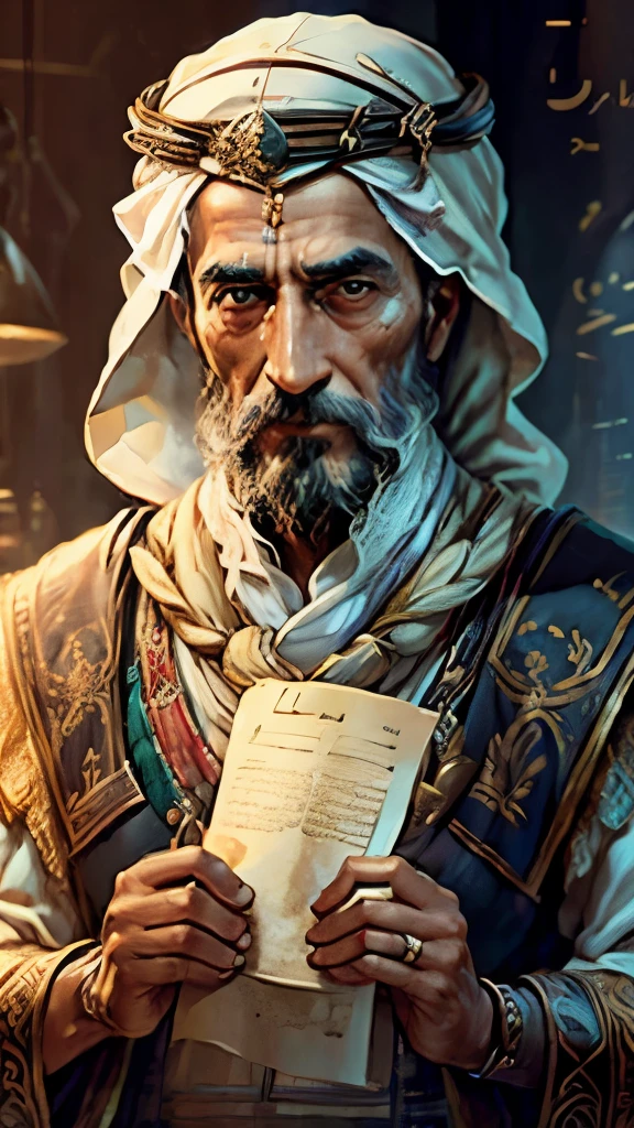 Realistic ultra HD close-up portrait, a mathematician from Arabia Was holding a paper with mathematical formulas in his hand