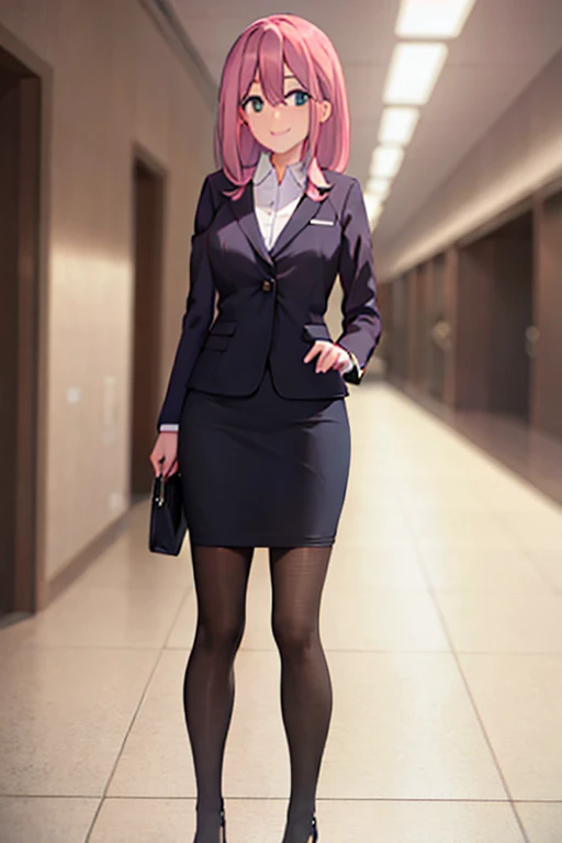 1girl, nadeshiko kagamihara, suit, office lady, black skirt, black blazer, pencil skirt, white shirt, collared shirt, long hair, teenager, looking at viewer, full body, smiling,