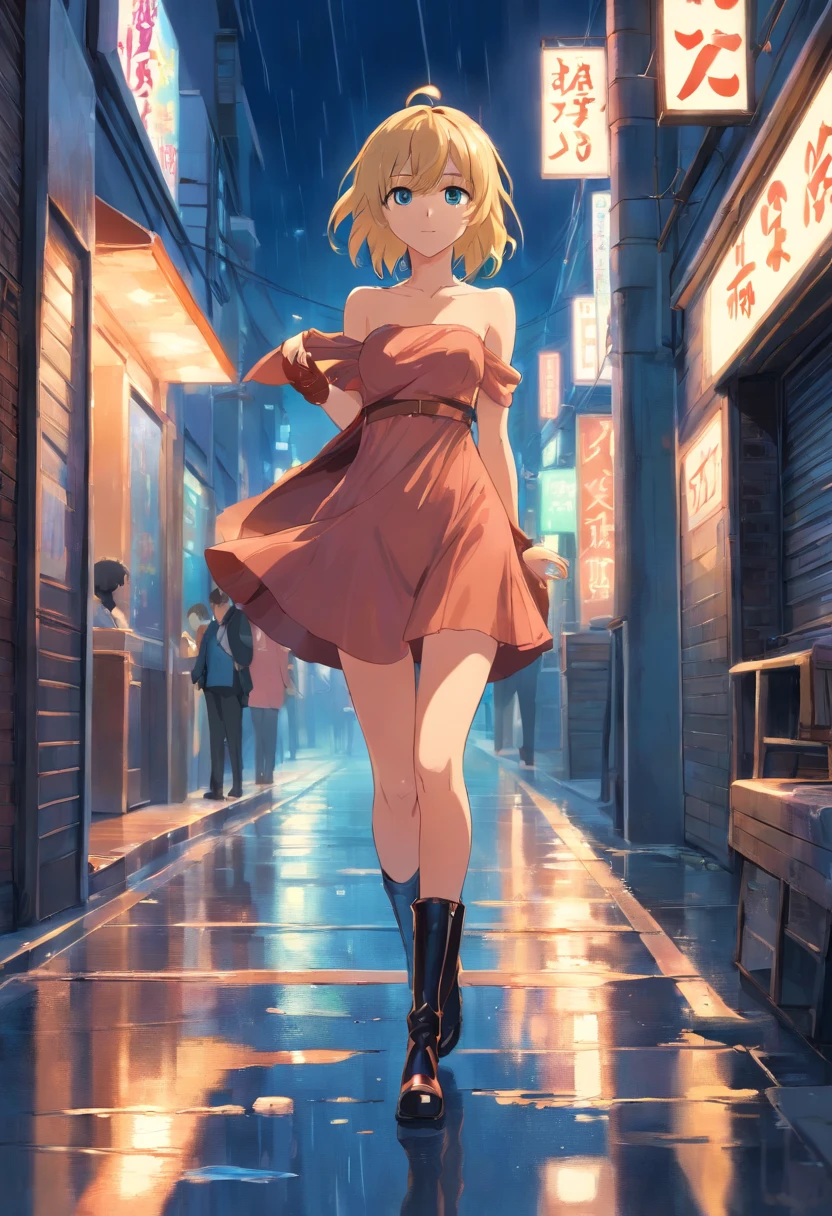 blonde woman, ojos azules, Her hair covers part of her thin face, she is dressed in a short strapless latex dress and long stiletto boots., de pie, city alley at night the floor is wet