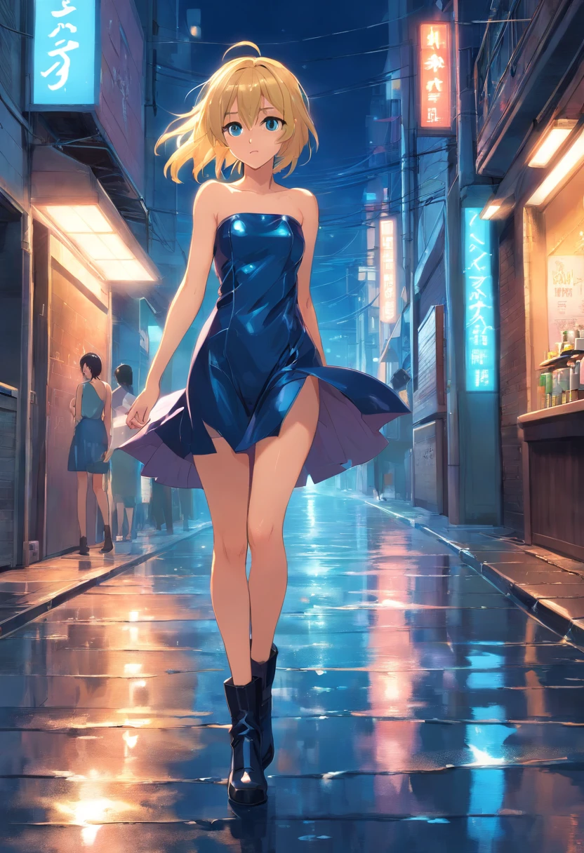 17 year old blonde woman, ojos azules, Her hair covers part of her thin face, she is dressed in a short strapless latex dress and long stiletto boots., de pie, city alley at night the floor is wet