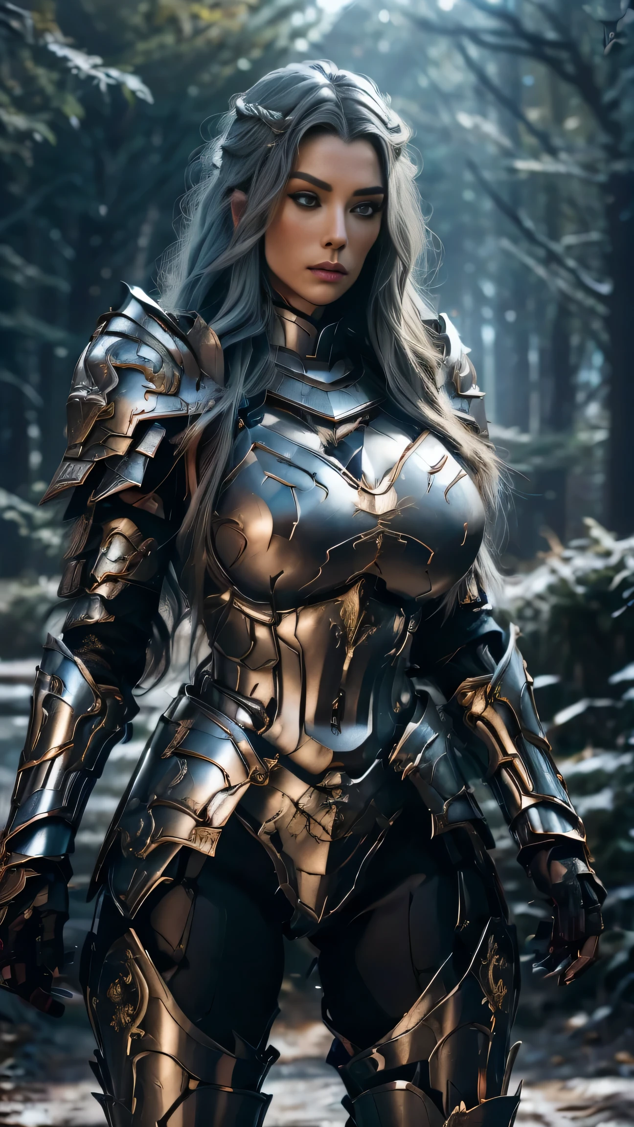 (8K, Raw photography, top-quality, ​masterpiece:1.2), close up,One Woman、age of 30, close up.{scinematic angle、Wide Angle、Don't split the screen、}（Realistic Skins 1.4）、（valkyrie、Valkyria）、（the Witcher armor（（Western knights、Plate armor covering the whole body、Metal armour ）））、（（（forest background, golden hour, Asgard））、50mm Lens、30mm film、wide angles（long wavy blue hair）、Blue eyes、shinny skin、beautiful detailed hair、Beautiful delicate face、Beautiful delicate eyes、｛large chest、、muscular body, curvy big 、｝、long wavy blue hair , long socks, black socks, black skinny trousers, skinny leggins, big hips, muscular girl, big hips, chest covered with armor, fighting pose, fight,duel pose,  buried forest background, war scene, flames, the Witcher, buried ancient city n the background, waling, walk, moving
