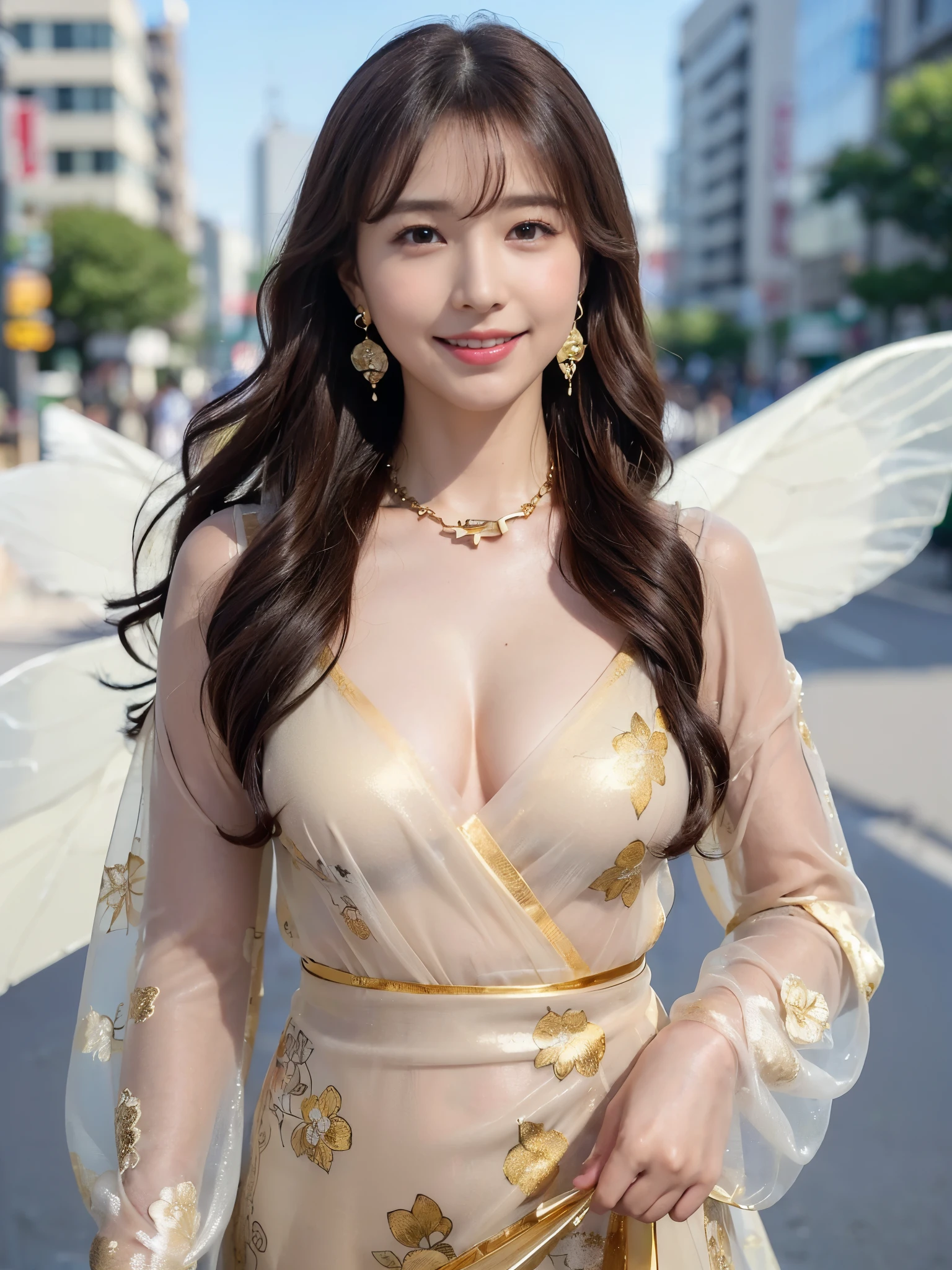 ((beautiful girl:1.3))((thin_fabric:1.4))((I'm working:1.3))((big breasts:1.2))((close:1.2))highest quality、pieces fly、ultra high resolution、(realistic:1.4)、Raw photo、(real skin texture:1.3)、(film grain:1.3)、panorama、character portrait、very wide shot、thin waist、cowboy shot、(darkness、deep shadow、discreet key、cold light、)night、((loosely wavy hair:1.2))、flowing tears、dust、Tyndall effect、(Performance)、1 girl、Beautifully detailed eyes and face、white jabot、brown eyes、((brown super long hair:1.2)) (smile:1.3))((恥ずかしがり屋のsmile:1.3))、(((gold necklace_Larger earrings:1.2))、((Abstract gold floral dress_see-through long sleeves_Wrap Dress:1.3))(in the city、running towards here、smileで走ってくる、Fluttering long hair:1.3)((please let me breathe))