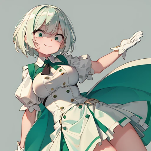 Women,white hair,square Hairstyle,Green eyes, breasts,Light green short skirt dress with green details, white gloves,green dress,smiling,angry,closed  mouth,