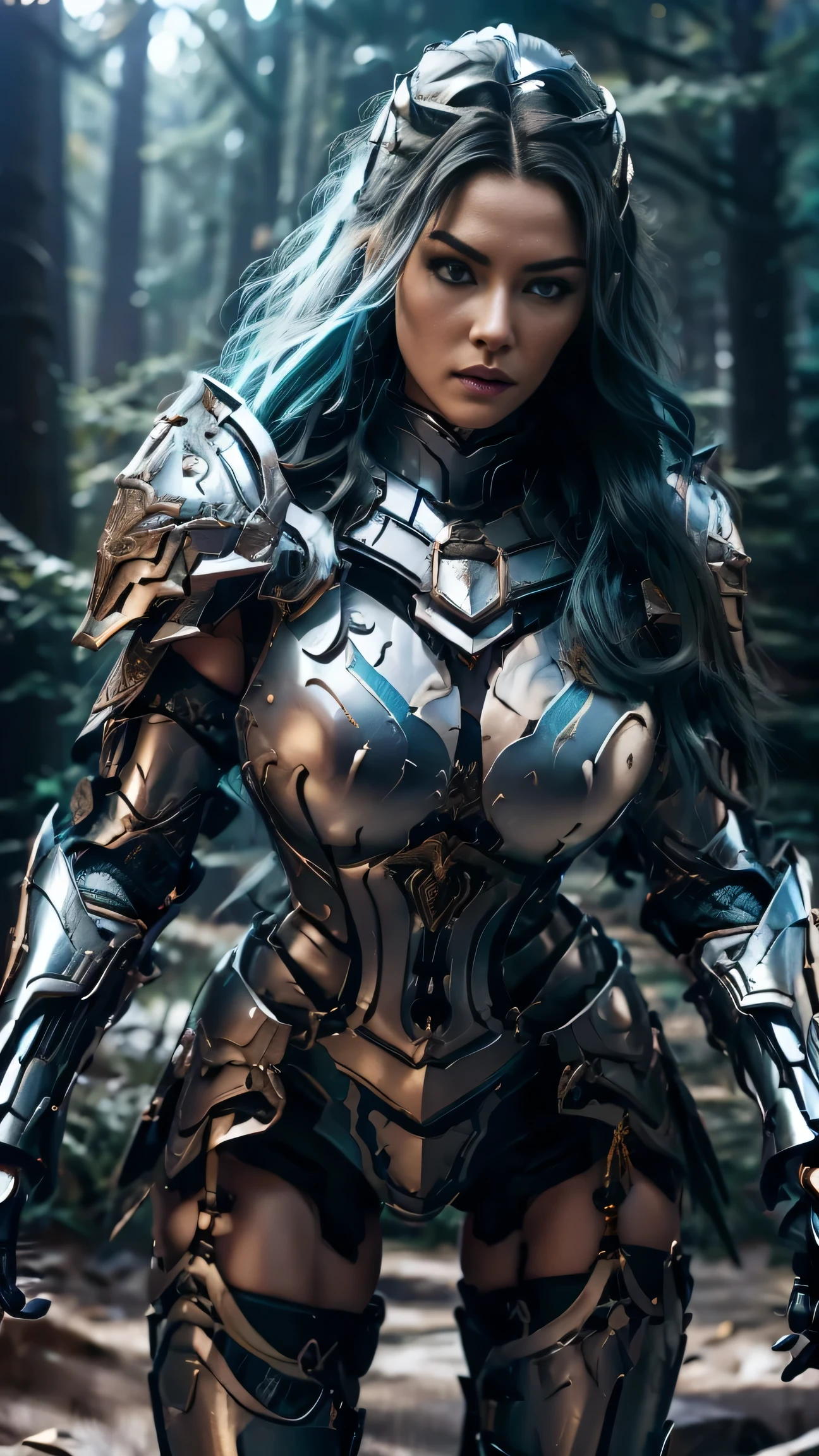 (8K, Raw photography, top-quality, ​masterpiece:1.2), close up,One Woman、age of 30, close up.{scinematic angle、Wide Angle、Don't split the screen、}（Realistic Skins 1.4）、（valkyrie、Valkyria）、（the Witcher armor（（Western knights、Plate armor covering the whole body、Metal armour ）））、（（（forest background, golden hour, Asgard））、50mm Lens、30mm film、wide angles（long wavy blue hair）、Blue eyes、shinny skin、beautiful detailed hair、Beautiful delicate face、Beautiful delicate eyes、｛large chest、、muscular body, curvy big 、｝、long wavy blue hair , long socks, black socks, black skinny trousers, skinny leggins, big hips, muscular girl, big hips, chest covered with armor, fighting pose, fight,duel pose,  buried forest background, war scene, flames, the Witcher, buried ancient city n the background, waling, walk, moving
