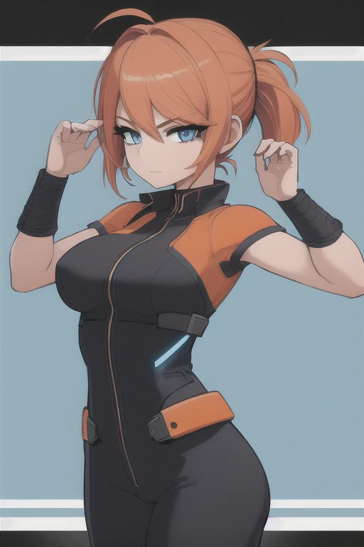 (masterpiece, best quality), intricate details, 1girl, solo, 32 year old woman, short orange hair, pony tail hair style, detailed blue eyes, light skin, medium breasts, tight blue futuristic jumpsuit