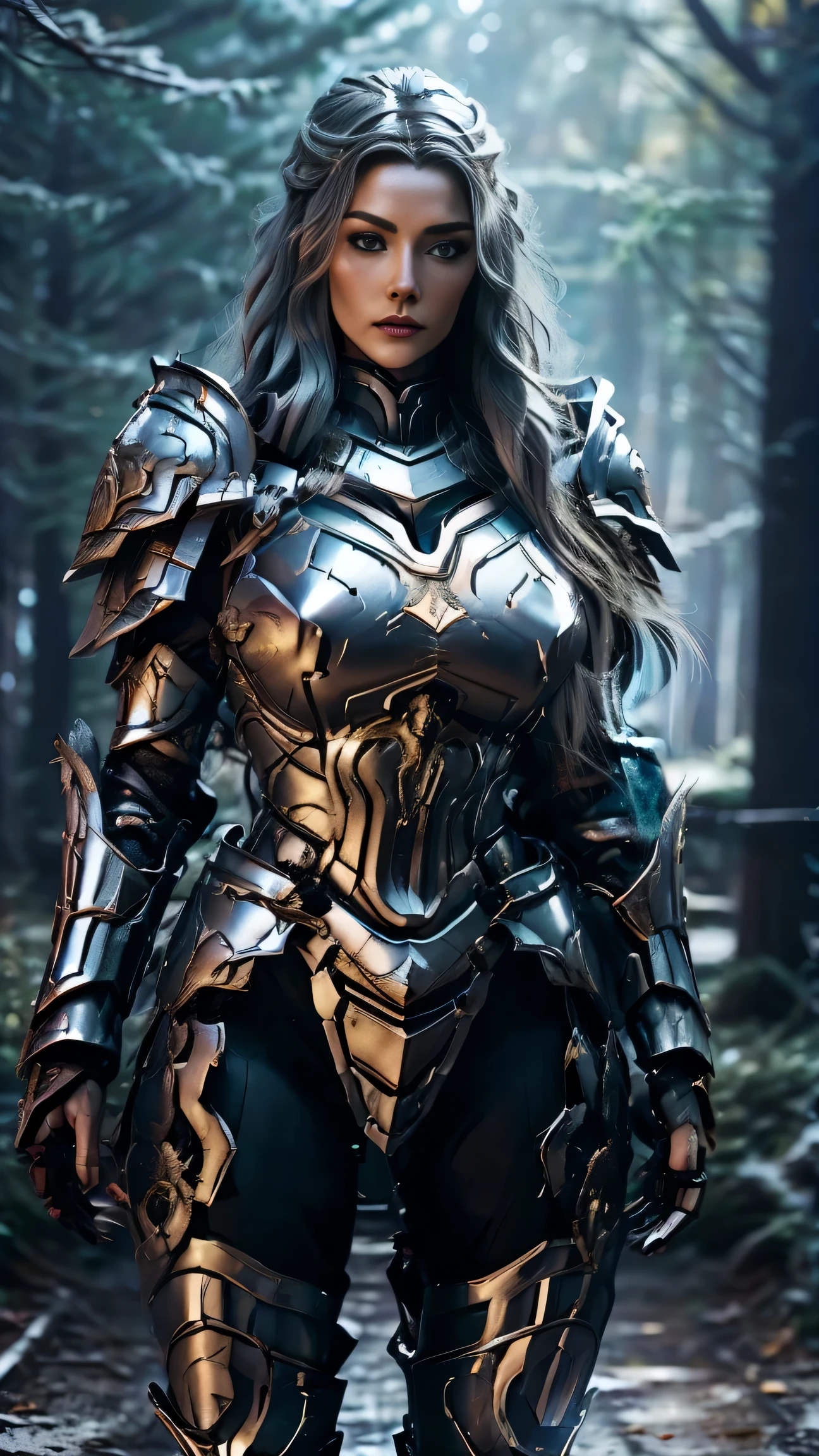 (8K, Raw photography, top-quality, masterpiece:1.2), close up,One Woman、age of 30, close up.{scinematic angle、Wide Angle、Don't split the screen、}(Realistic Skins 1.4)、(valkyrie、Valkyria)、(the Witcher armor((Western knights、Plate armor covering the whole body、Metal armour )))、(((forest background, golden hour, Asgard))、50mm Lens、30mm film、wide angles(long wavy blue hair)、Blue eyes、shinny skin、beautiful detailed hair、Beautiful delicate face、Beautiful delicate eyes、{large chest、、muscular body, curvy big 、}、long wavy blue hair , long socks, black socks, black skinny trousers, skinny leggins, big hips, muscular girl, big hips, chest covered with armor, fighting pose, fight,duel pose, buried forest background, war scene, flames, the Witcher, buried ancient city n the background, waling, walk, moving