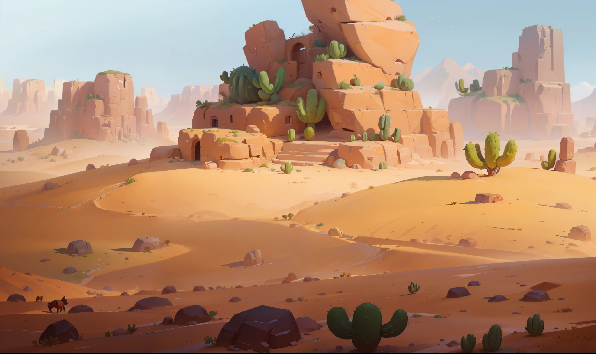 there is a desert scene with a cactus and rocks, background art, painted as a game concept art, stylized concept art, background artwork, desert environment, desert background, digital painting concept art, painterly concept art, sand and desert environment, concept art style, rocky desert, 2d concept art, desert wasteland, environment painting, scenery game concept art