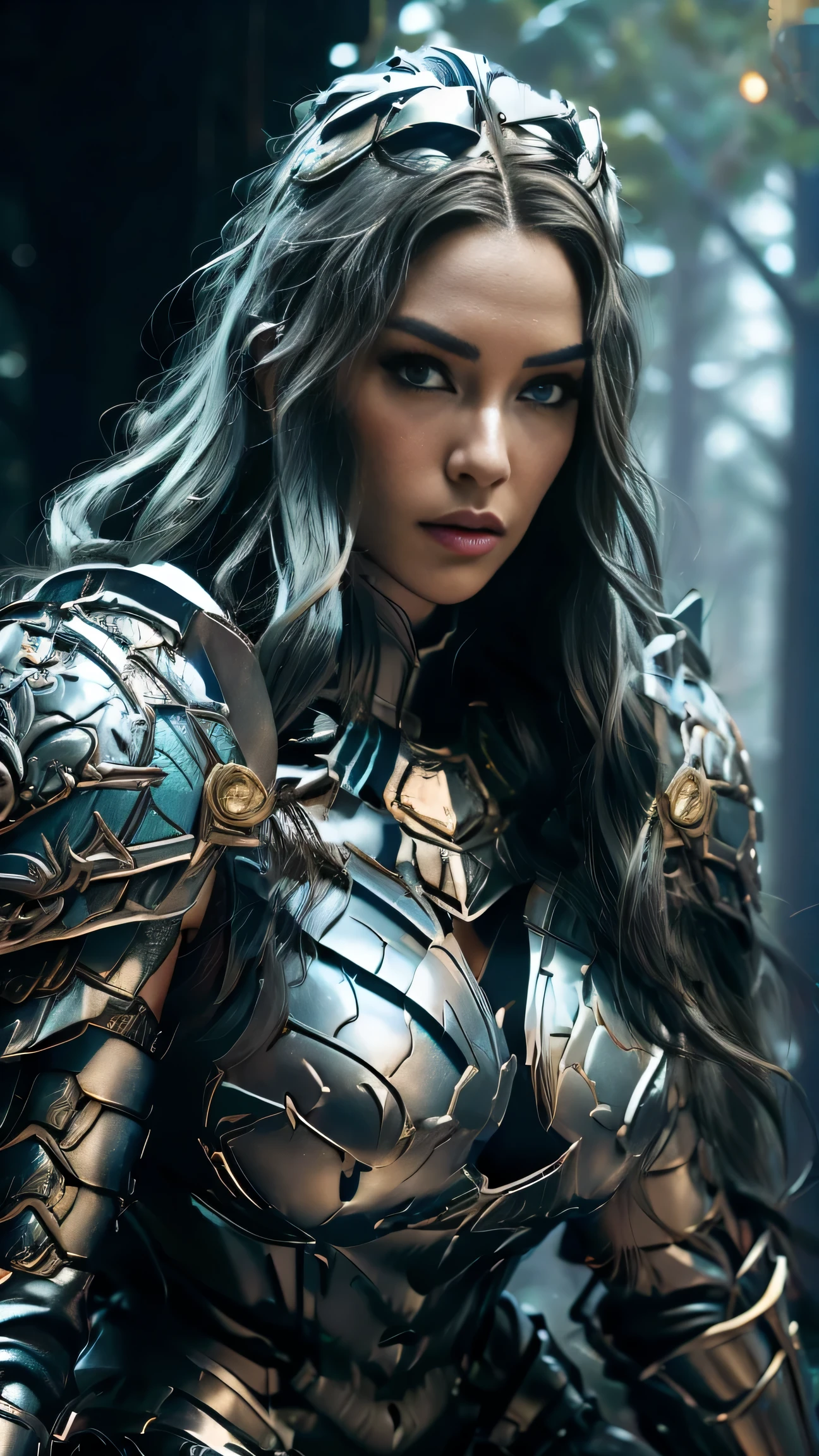 (8K, Raw photography, top-quality, masterpiece:1.2), close up,One Woman、age of 30, close up.{scinematic angle、Wide Angle、Don't split the screen、}(Realistic Skins 1.4)、(valkyrie、Valkyria)、(the Witcher armor((Western knights、Plate armor covering the whole body、Metal armour )))、(((forest background, golden hour, Asgard))、50mm Lens、30mm film、wide angles(long wavy blue hair)、Blue eyes、shinny skin、beautiful detailed hair、Beautiful delicate face、Beautiful delicate eyes、{large chest、、muscular body, curvy big 、}、long wavy blue hair , long socks, black socks, black skinny trousers, skinny leggins, big hips, muscular girl, big hips, chest covered with armor, fighting pose, fight,duel pose, buried forest background, war scene, flames, the Witcher, buried ancient city n the background, waling, walk, moving