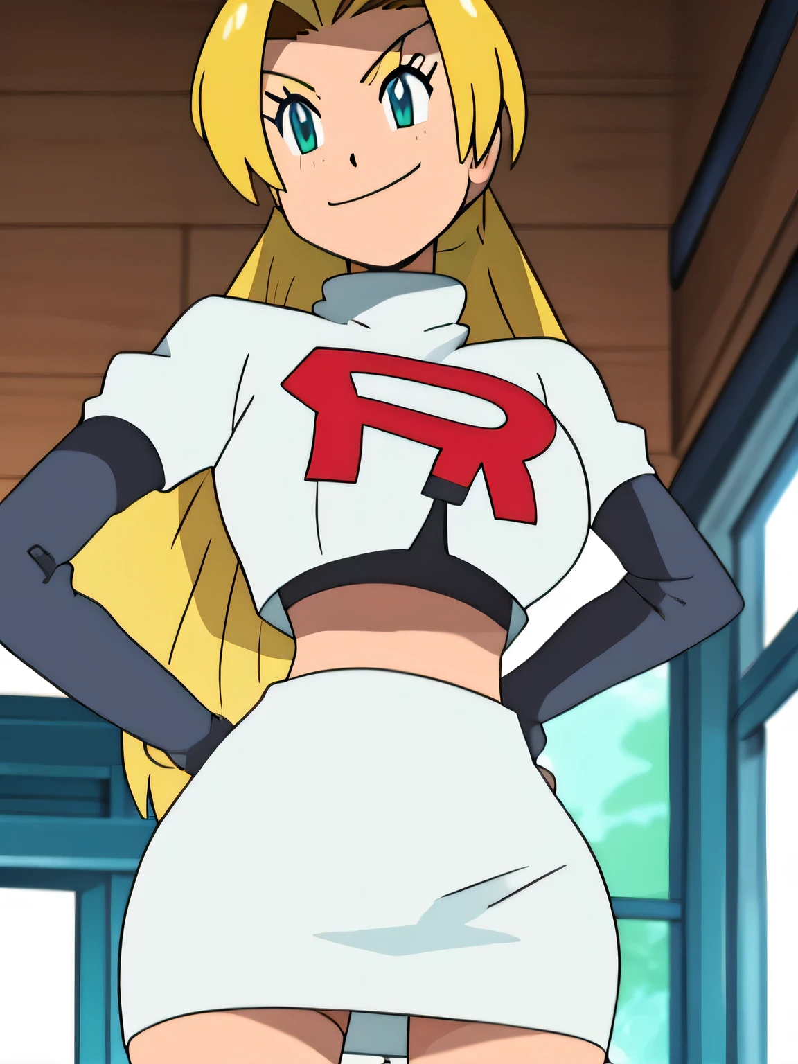 mayor maybelle,8k, masterpiece,highres,very large breast, team rocket uniform, red letter r, white skirt,white crop top,black thigh-high boots, black elbow gloves, seductive smile, looking down at viewer, hands on hips, cowboy shot, zettai ryouiki,from below, black panties,anime style, vivid colors, sharp focus, intense lighting,