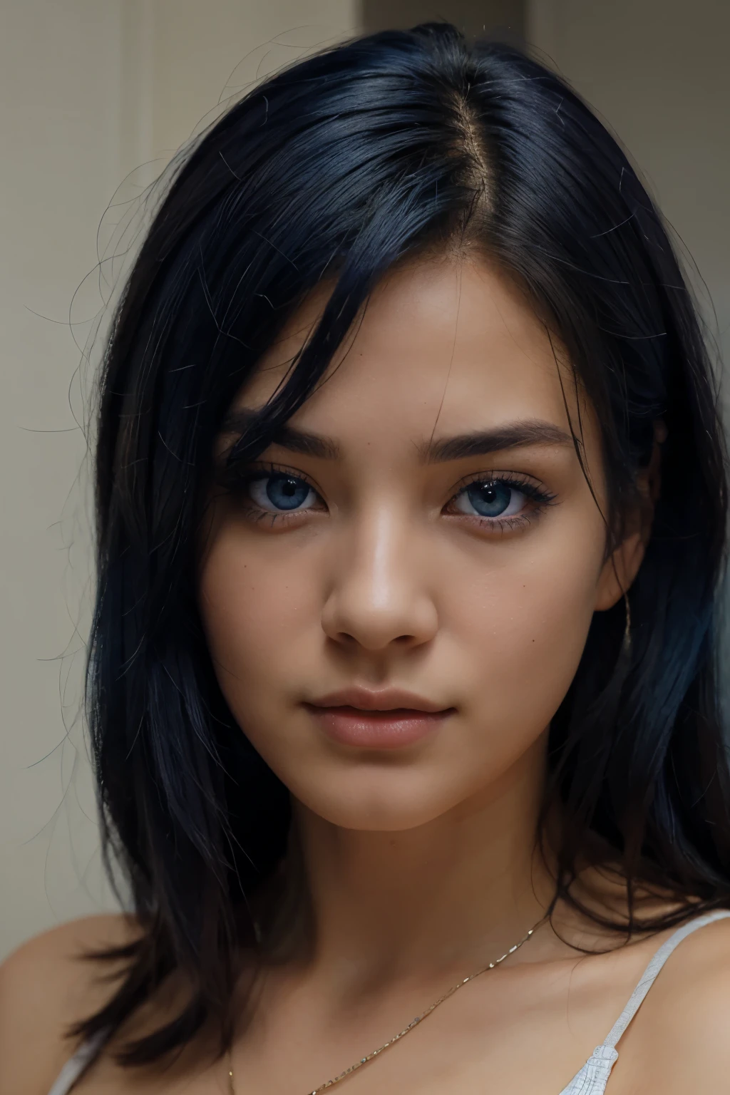 a very pretty and attractive 25 years old with blue eyes, dark blue hair, half asian, very realistic, potrait