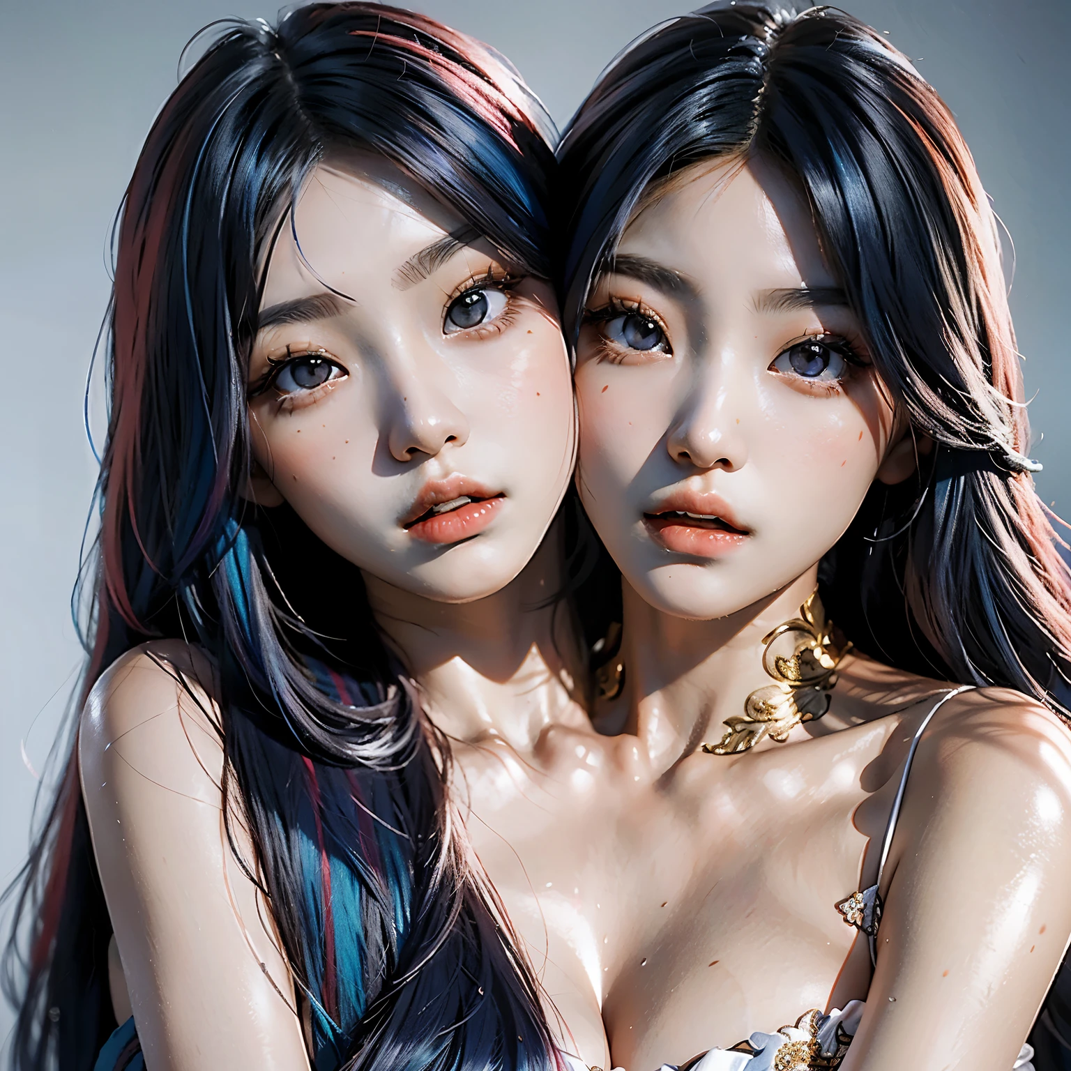 two asian women with long hair posing for a picture, beautiful gemini twins portrait, beautiful gemini twins, epic tale of the twin sisters, two beautiful anime girls, two color hair, half & half hair dye, two girls, with a twin, split hair dye, inspired by Wang Duo, two tone hair dye, beautiful sci - fi twins, sisters