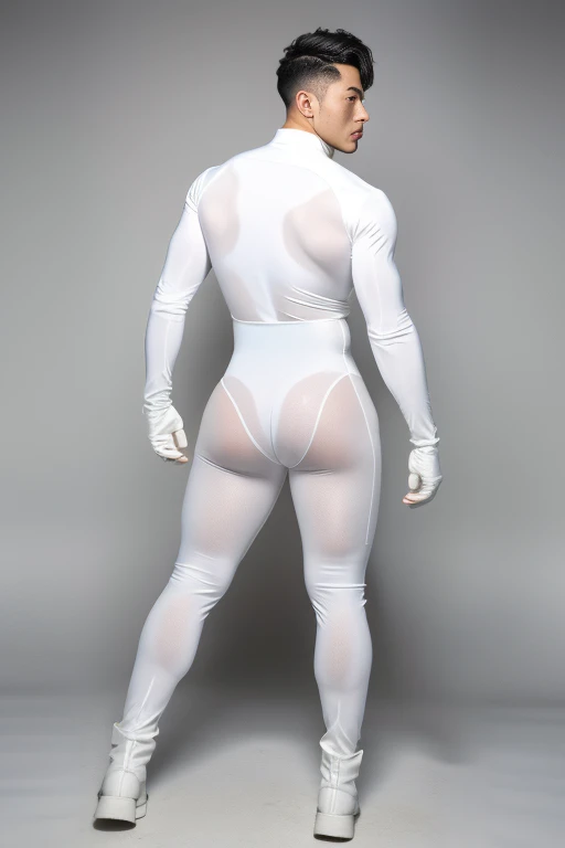 Futuristic rubber high waisted white bodysuit, skin tight, hair visible, hands visible, gloves, boots, toned male, young man, shiny suit, hands covered, handsome boy, big bulge , thick thighs , thick hips , handsome Korean man , K-pop idol, phat ass ,(bare thighs), exposed thighs , sexy , NSFW , eroticism , epic reality , epic photorealistic , bottomless