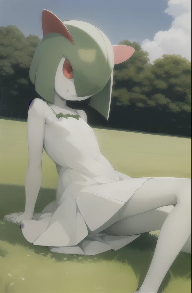 masterpiece, best_quality, 1girl, solo, kirlia, green hair, red eyes, white dress, pale white skin, short hair, lying on the grass, dress half open, lewd smile,