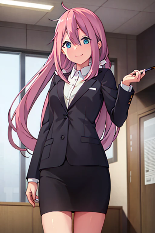 1girl, nadeshiko kagamihara, suit, office lady, black skirt, black blazer, pencil skirt, white shirt, collared shirt, long hair, teenager, looking at viewer, full body, smiling,