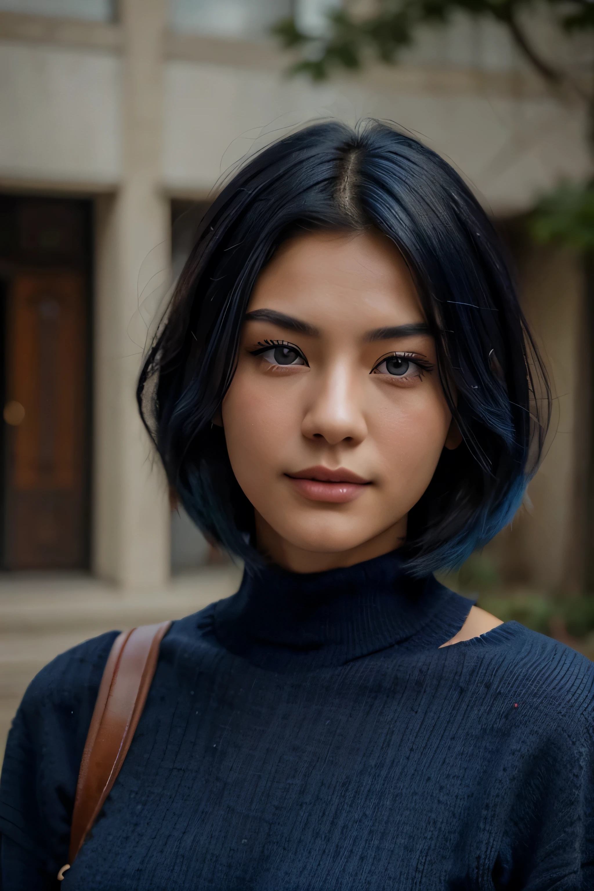 a very pretty and attractive 25 years old with blue eyes, dark blue hair, half asian, very realistic, potrait