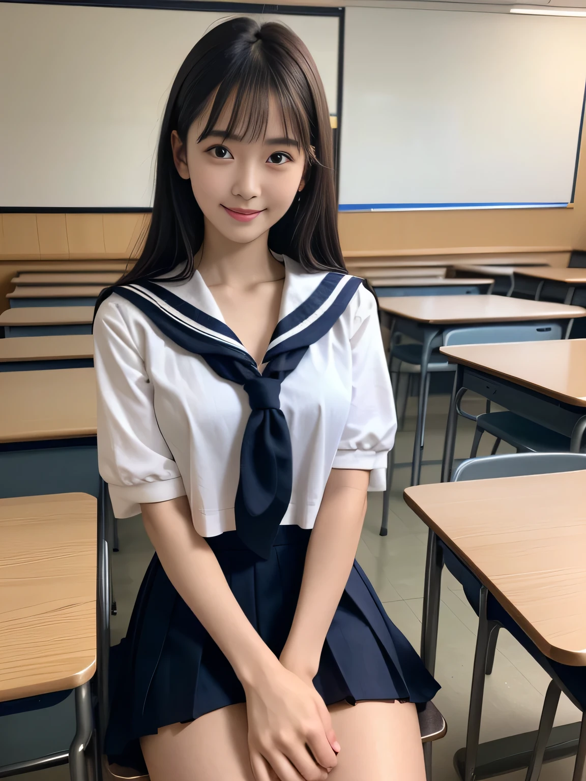 8k, highest quality, real image, intricate details, Super detailed, ultra high resolution, depth field,(realistic,realistic:1.2), (small breasts:1.2), (flat chest:1.1), (embarrassed:1.4), (abashed:1.3), 1 Japanese girl, very beautiful 17 year old girl, (beautiful breasts:1.5, highly detailed eyes:1.2), (beautiful breasts:1.1), bangs, perfect skin, Fair skin, tight waist, alone, looking at the viewer, black hair, hair behind the ear, shoulder hair, long hair, no makeup、In a high school classroom, (smile:1.1), During class, (high school sailor suit:1.2), navy pleated skirt, sitting next to the viewer, (opened mouth:1.1)