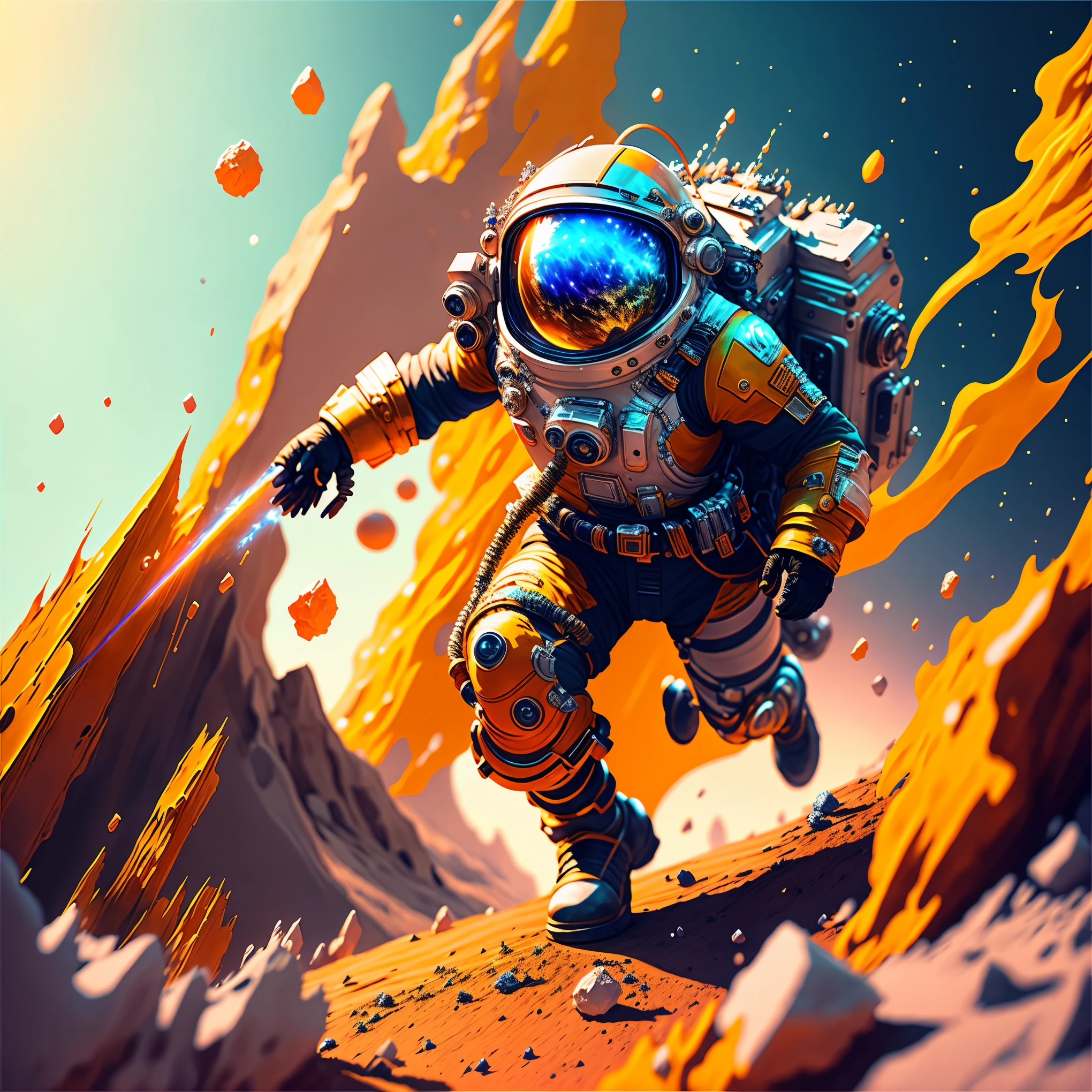 Atronaut with LIGHT SWARD, climbing the asteroid, character render, ultra high quality model, ethereal background, abstract beauty, explosive volumetric, oil painting, heavy strokes, paint dripping HDR (High Dynamic Range) ,Ray Tracing, NVIDIA RTX, Super-Resolution, Unreal 5, Subsurface scattering, PBR Texturing