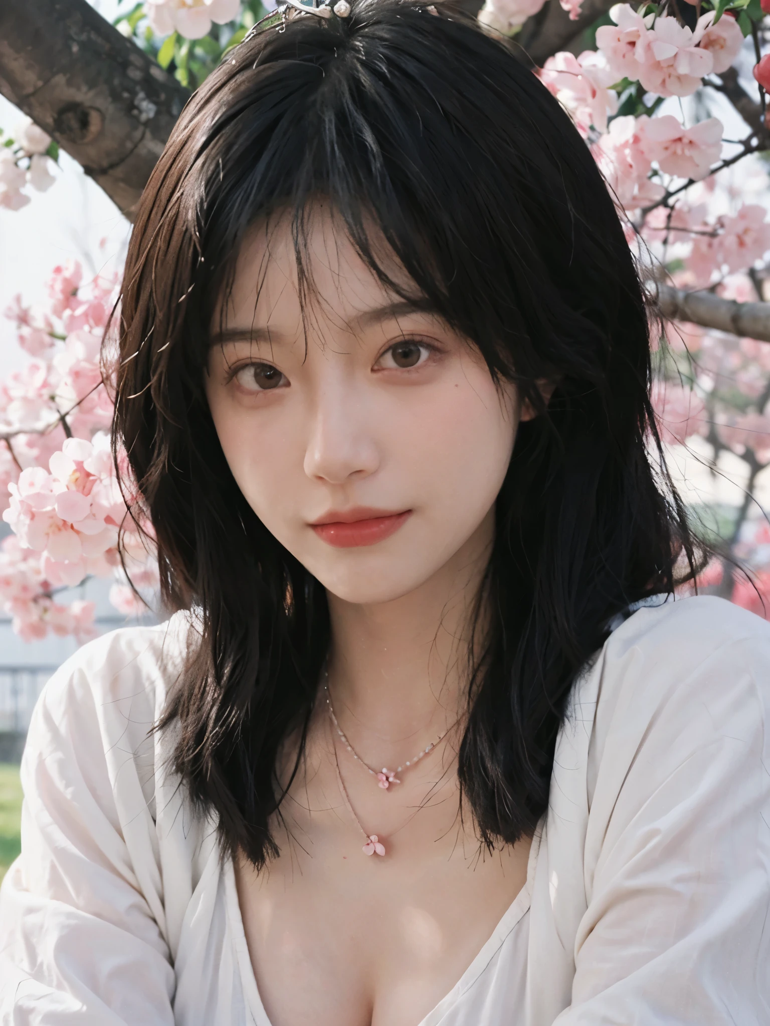 best quality， ultra high resolution， （realistically：1.4）， Cute tiara，Baoyu Girl， A pair of clear and charming peach blossom eyes,Royal sister，The sun shines on the face，Long curly hair，（in the cherry blossom tree：1.4），（necklace：1.2），（White skin：1.4），（Full body female love：1.2）a sense of atmosphere，a beautiful girl，Looking directly at the viewer， Close-up cleavage ，(lifelike:1.4),1 girl,Sexy,(Upper body:1.4),(wet),(:1.2)