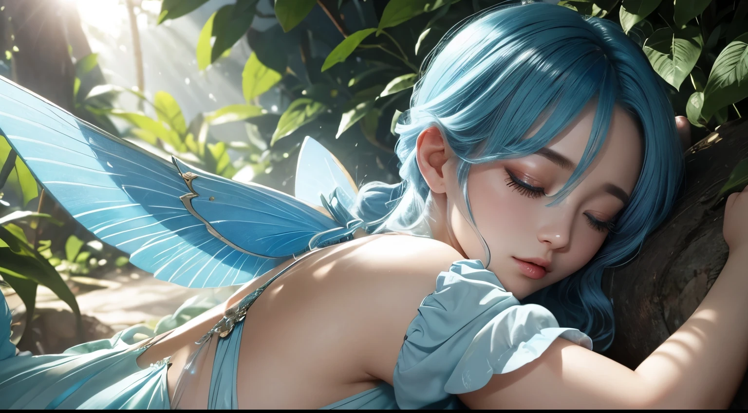 A beautiful fairy with wings、((On your back))、(Sleeping)、big breasts、light blue hair、Upper body、close up of face、Lustrous lips、Beautiful eyelashes、afternoon library、sunlight filtering through the foliage、high resolution、mysterious、high resolution