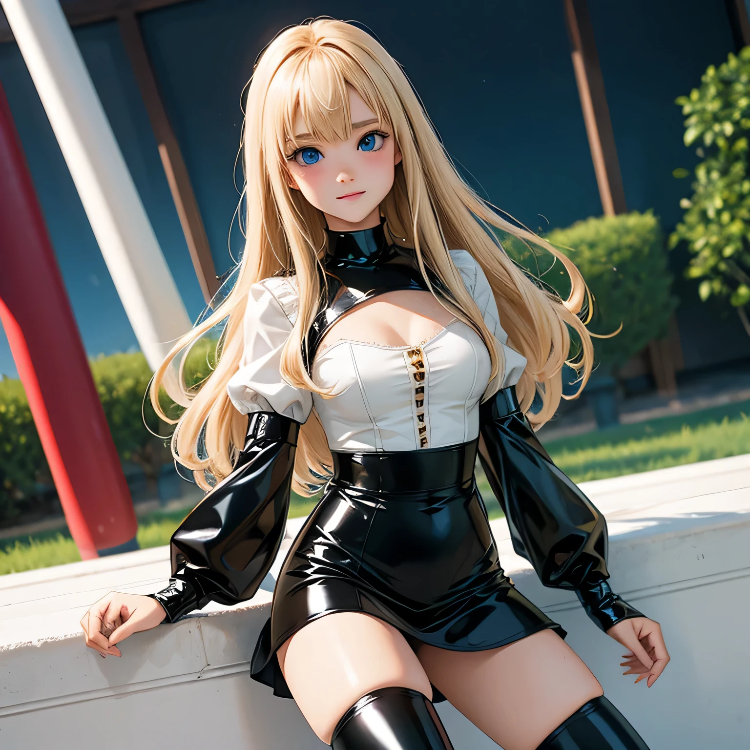 (highest quality:1.4), High resolution, masterpiece, 4k, super detailed, intricate details, 1. Blonde girl, long hair, blue eyes, very cute, Happy, blush, (Latex blouse:1.4), (Mini skirt latex:1.4), (latex stockings:1.4), (small round breasts:1.4), cleavage, Are standing, full body, looking at the viewer, outdoor, night, starry sky,