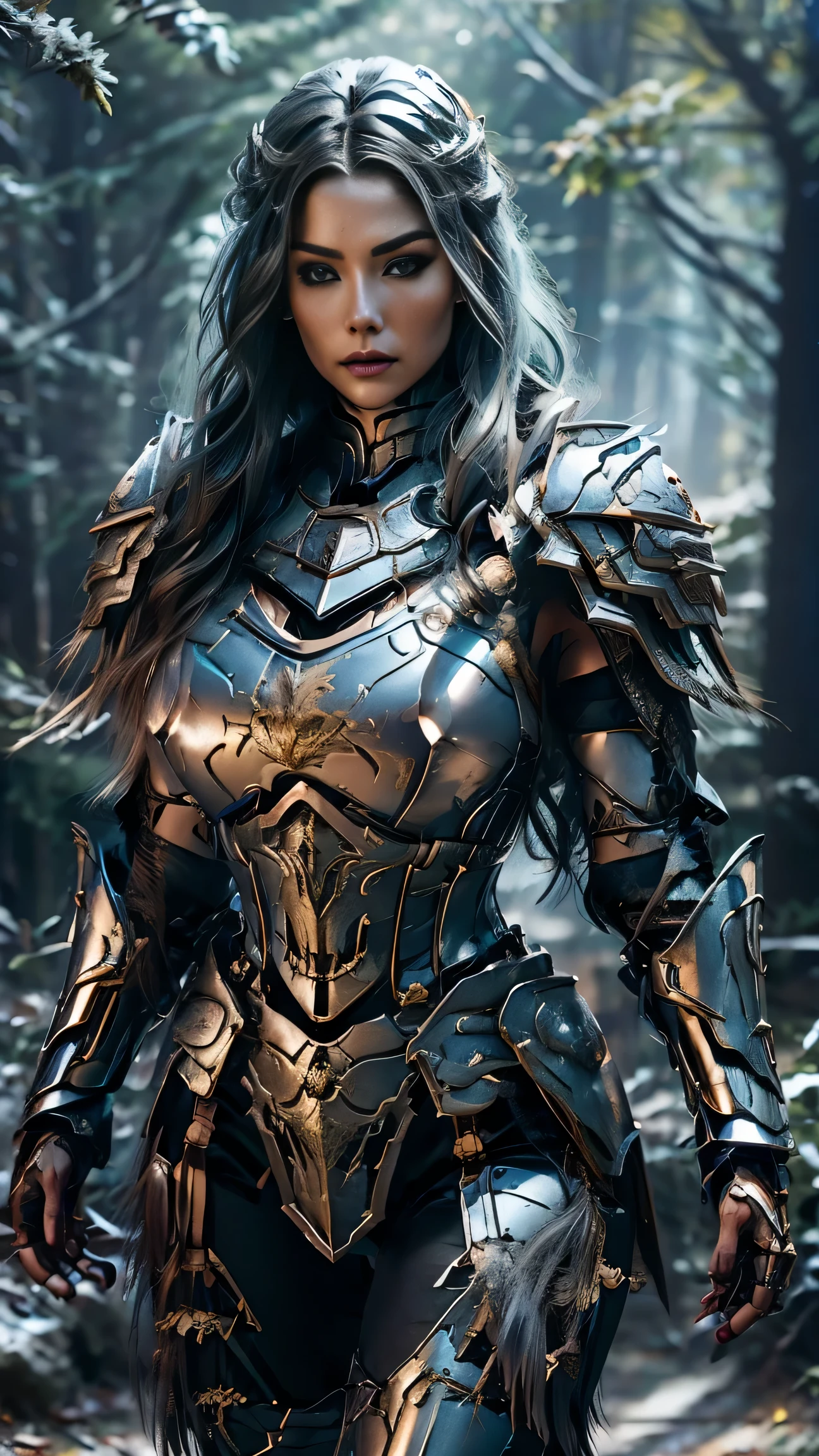 (8K, Raw photography, top-quality, ​masterpiece:1.2), close up,One Woman、age of 30, close up.{scinematic angle、Wide Angle、Don't split the screen、}（Realistic Skins 1.4）、（valkyrie、Valkyria）、（the Witcher armor（（Western knights、Plate armor covering the whole body、Metal armour ）））、（（（forest background, golden hour, Asgard））、50mm Lens、30mm film、wide angles（long wavy blue hair）、Blue eyes、shinny skin、beautiful detailed hair、Beautiful delicate face、Beautiful delicate eyes、｛large chest、、muscular body, curvy big 、｝、long wavy blue hair , long socks, black socks, black skinny trousers, skinny leggins, big hips, muscular girl, big hips, chest covered with armor, fighting pose, fight,duel pose,  buried forest background, war scene, flames, the Witcher, buried ancient city n the background, waling, walk, moving, holding the great sword, holding sword

