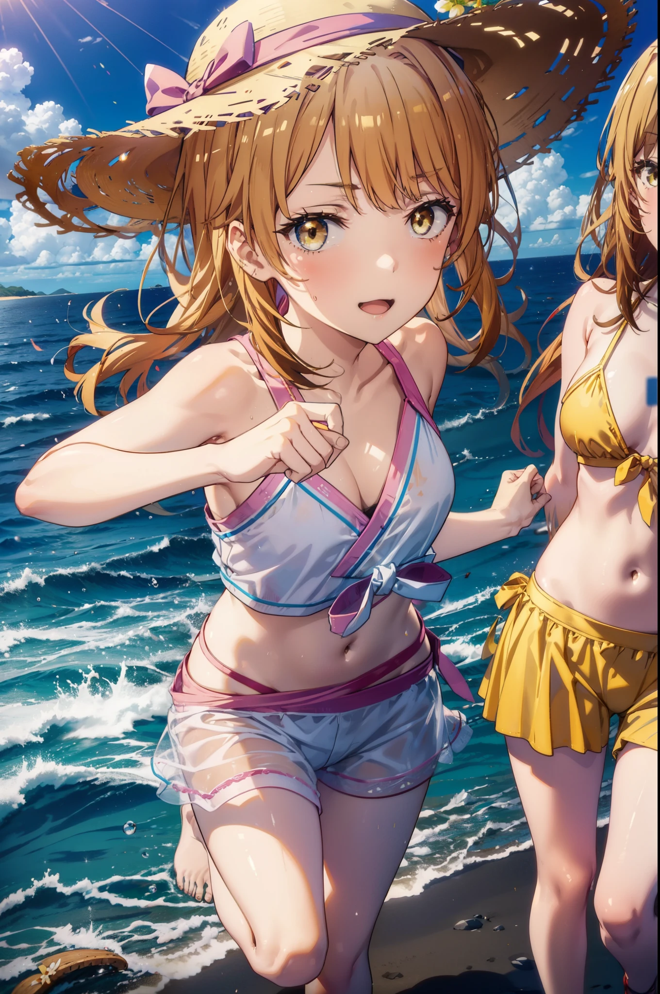 irohaisshiki, iroha isshiki, long hair, brown hair, (brown eyes:1.5), Medium chest,happy smile, smile, open your mouth,smile,big straw hat,Yellow bikini swimsuit,naked belly,It&#39;s thin, A yellow blanket is tied around her waist., barefoot, beach outfit,real summer,Palm tree, 砂浜
break outdoors, beach,
break looking at viewer,
break (masterpiece:1.2), highest quality, High resolution, unity 8k wallpaper, (shape:0.8), (fine and beautiful eyes:1.6), highly detailed face, perfect lighting, Very detailed CG, (perfect hands, perfect anatomy),