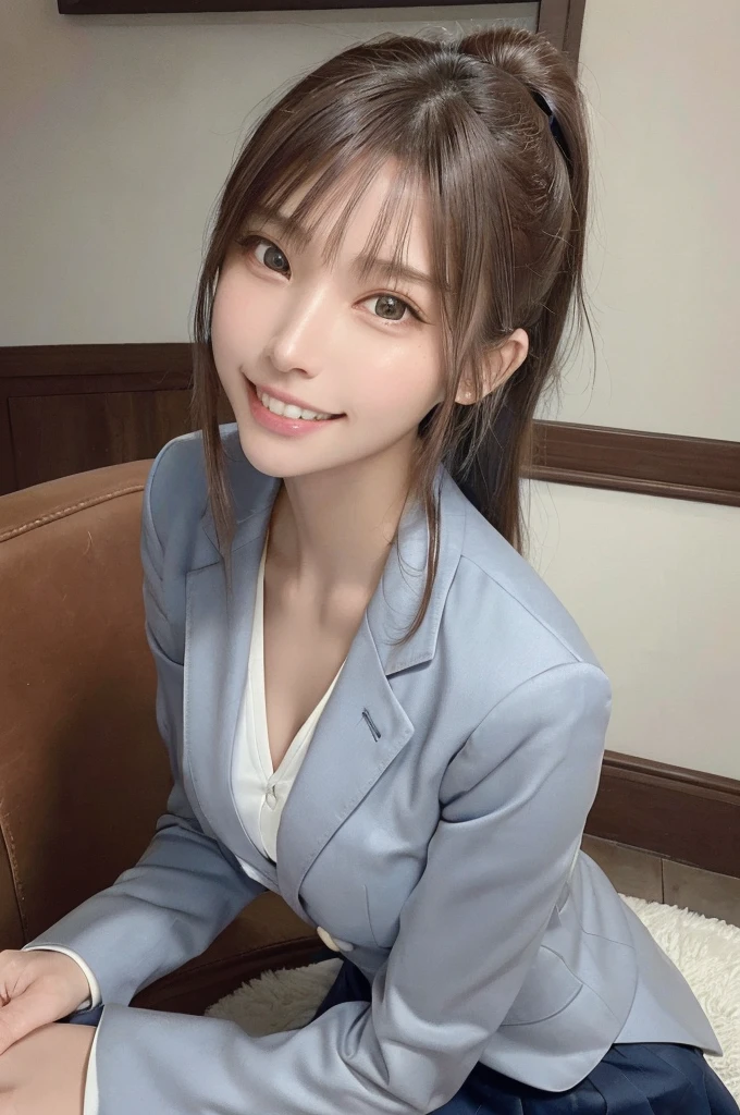 masterpiece, highest quality, High resolution,super detailed, amazingly beautiful woman,1girl girl, (beautiful girl, Delicate girl:1.4),break, (21 years old:1.4), break,(gray coat,navy blue blazer,white dress shirt,navy blue skirt),high definition skin,extremely fine-grained clarity,(symmetrical eyes:1.3), break,(Inside the company:1.3),break,small breasts,brown eyes,ponytail,brown hair,(Eye and face details:1.3),break,(A smile that shows white teeth:1.3),break,pose sitting on a chair,