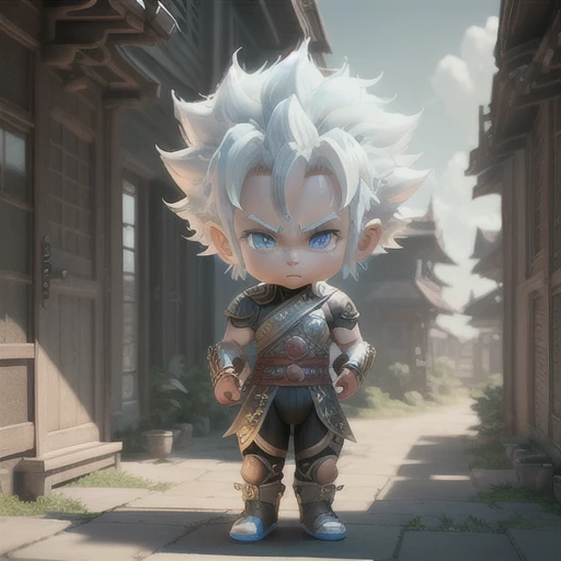 Wukong, Super Saiyan, exquisite hair, Drawing of the arm, White and blue hair body, exquisite shoes, depiction of eyes, exquisite hair, popmart blind box, clay texture, step on the land, black and white background, Natural light, Best Quality, Super detailed, 3D art, c4d, OC renderer, 3D rendering, 8K