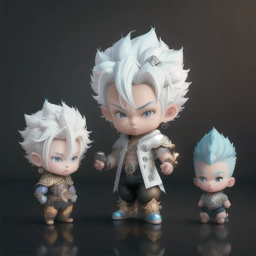 Wukong、super saiyan、Exquisite hair、Arm depiction、white and blue hair body、Exquisite shoes、Depiction of the eyes、Exquisite hair、popmart blind box、Clay texture、Treading the land、黑白背景、natural soft light、Most High Quality、ultra-detailliert、3D Art、c4d、OC Renderer、3d rendered、8k 、Face bigger、frontage
