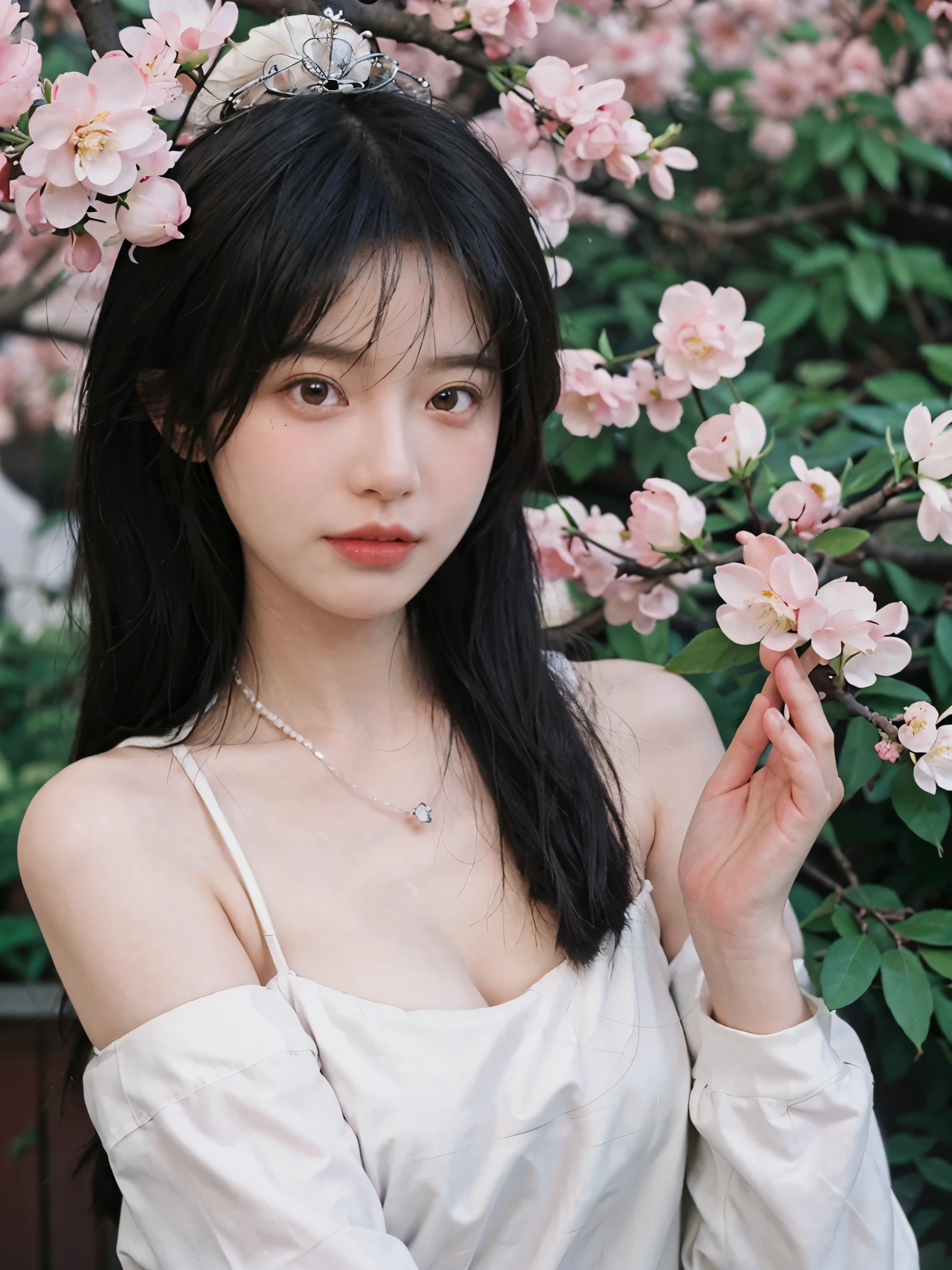 best quality, ultra high resolution, (realistically:1.4), Cute tiara,Baoyu Girl, A pair of clear and charming peach blossom eyes,Royal sister,The sun shines on the face,Long curly hair,(in the cherry blossom tree:1.4),(necklace:1.2),(White skin:1.4),(Full body female love:1.2)a sense of atmosphere,a beautiful girl,Looking directly at the viewer, Close-up cleavage ,(lifelike:1.4),1 girl,Sexy,(Upper body:1.4),(wet),(:1.2)