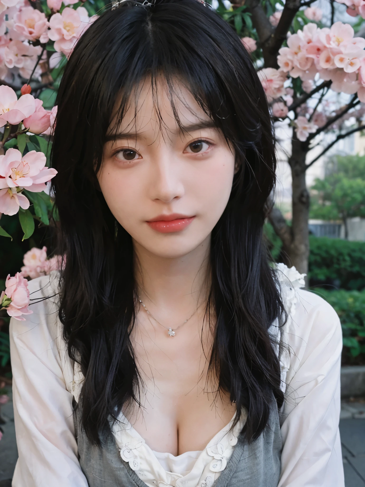 best quality, ultra high resolution, (realistically:1.4), Cute tiara,Baoyu Girl, A pair of clear and charming peach blossom eyes,Royal sister,The sun shines on the face,Long curly hair,(in the cherry blossom tree:1.4),(necklace:1.2),(White skin:1.4),(Full body female love:1.2)a sense of atmosphere,a beautiful girl,Looking directly at the viewer, Close-up cleavage ,(lifelike:1.4),1 girl,Sexy,(Upper body:1.4),(wet),(:1.2)