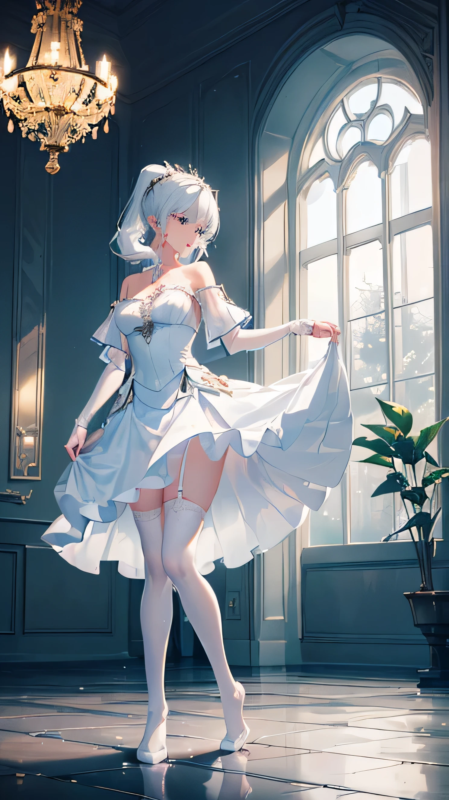 ((beautiful lighting, Best quality, 8K, Masterpiece: 1.3)), 1girl, Perfect body beauty: 1.4, elegant, Sweaty + wet skin,((white hair)), (White dress: 1.4), (Bathing gown), (Over the knee white stockings: 1.5), (white elegant sofa), Soak, Super Fine Face, ((panties under dress)), lingerie