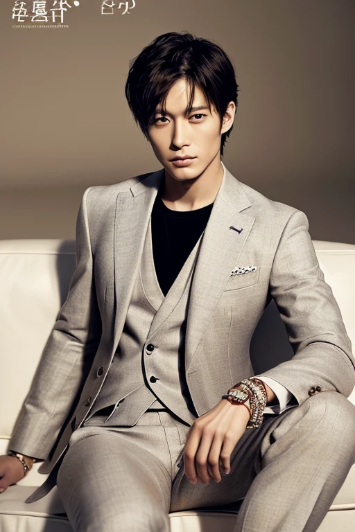 Anatomically perfect、Photoreal, 8K full body poster, Japanese, 33 year old male, serious expression, clear eyes, attractive look, Detailed details of the face, sturdy skeleton, The background is a stylish cafe、(Dressed in a stylish suit:1.5)、Sitting on a stylish sofa with legs crossed、The bracelet is Hermes