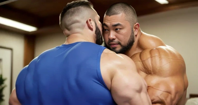 (hugging each other:1.4), fat face, (inside bedroom:1.2), Japanese man, Chinese man, Korean man, Taiwanese man, manly face, (round face:1.4), (monolid eyes:1.2), (buzz cut:1.4), very large and strong body, bulky body, beefy muscles (bulging muscles:1.4), (very large pectoral muscles:1.4), (muscular arms:1.4), muscular abs, muscular legs, muscular back, brightens oily skin, master piece, realistic, panorama, distant view
