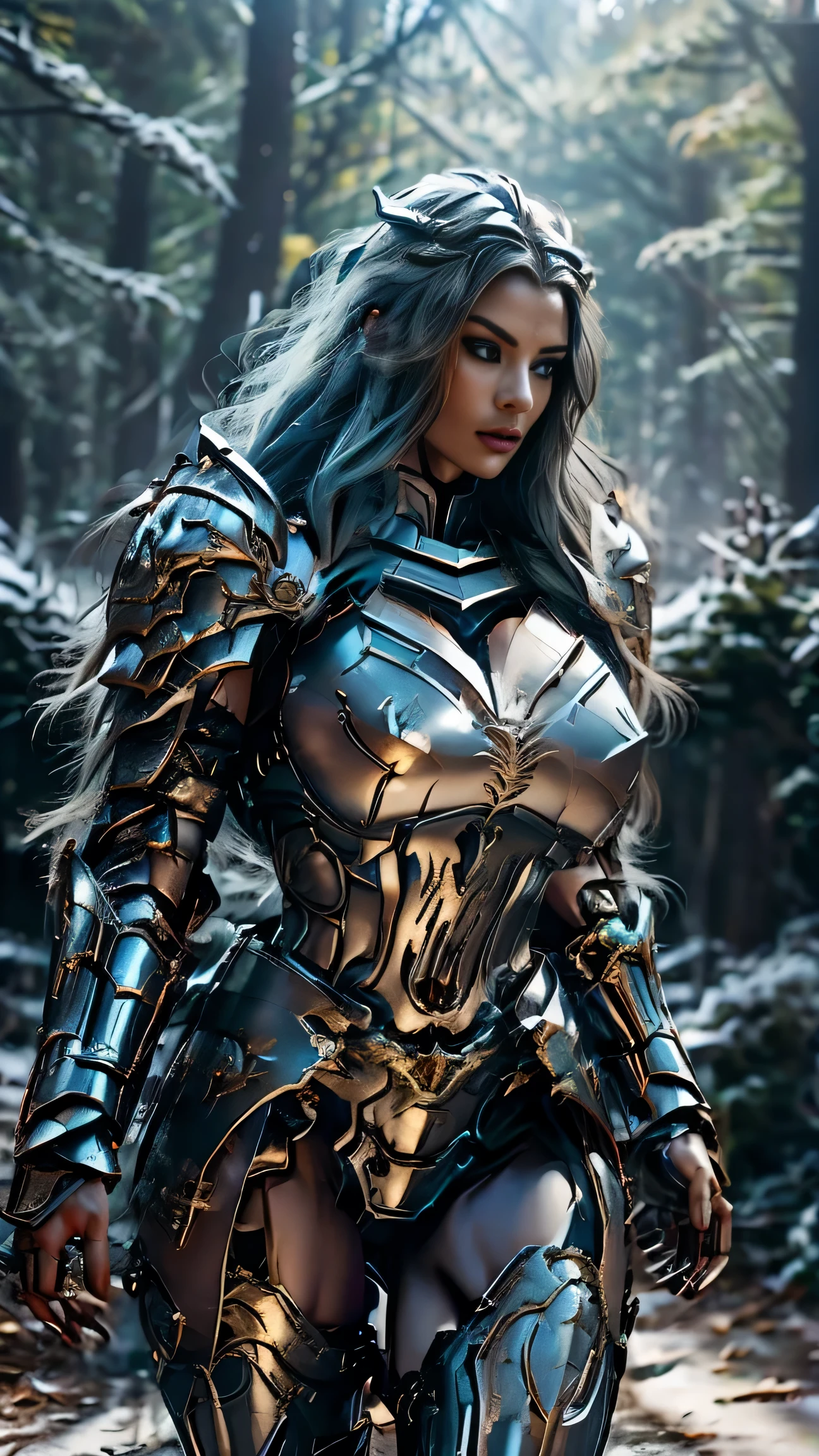 (8K, Raw photography, top-quality, masterpiece:1.2), close up,One Woman、age of 30, close up.{scinematic angle、Wide Angle、Don't split the screen、}(Realistic Skins 1.4)、(valkyrie、Valkyria)、(the Witcher armor((Western knights、Plate armor covering the whole body、Metal armour )))、(((forest background, golden hour, Asgard))、50mm Lens、30mm film、wide angles(long wavy blue hair)、Blue eyes、shinny skin、beautiful detailed hair、Beautiful delicate face、Beautiful delicate eyes、{large chest、、muscular body, curvy big 、}、long wavy blue hair , long socks, black socks, black skinny trousers, skinny leggins, big hips, muscular girl, big hips, chest covered with armor, fighting pose, fight,duel pose, buried forest background, war scene, flames, the Witcher, buried ancient city n the background, waling, walk, moving, holding the great sword, holding sword, running, run, wind in her hair, running