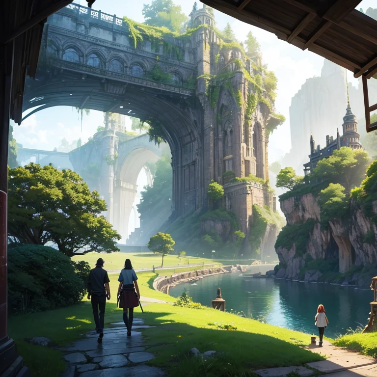 Landscape, anime, scenic, fantasy city, trees, people walking with demons in shackles