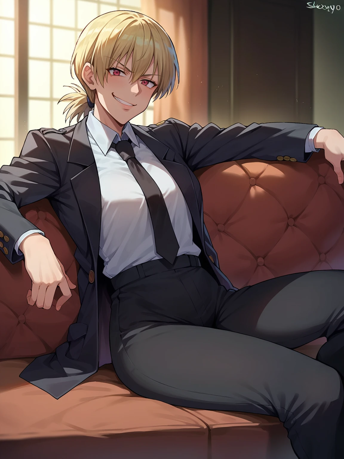 score_9, score_8_up, score_7_up, source_fumo, solo, 1girl, hellsing, formal, suit, black jacket, black necktie, long sleeves, black pants, shexyo, shexyo style, smirk, smug, sitting, couch