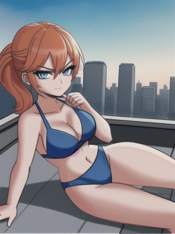 1girl, ((32 years old, dressed in a blue bikini:1.2, medium breasts, short orange hair, pony tail styled hair, perfect model body:1.3, detailed blue eyes:1.5, light skin, natural makeup, Arrogant Smile on face)), full-length, full body, full-length, super face detail, (Background: Swimming pool, on top of a roof top, skyline of a cyberpunk city), Very detailed,