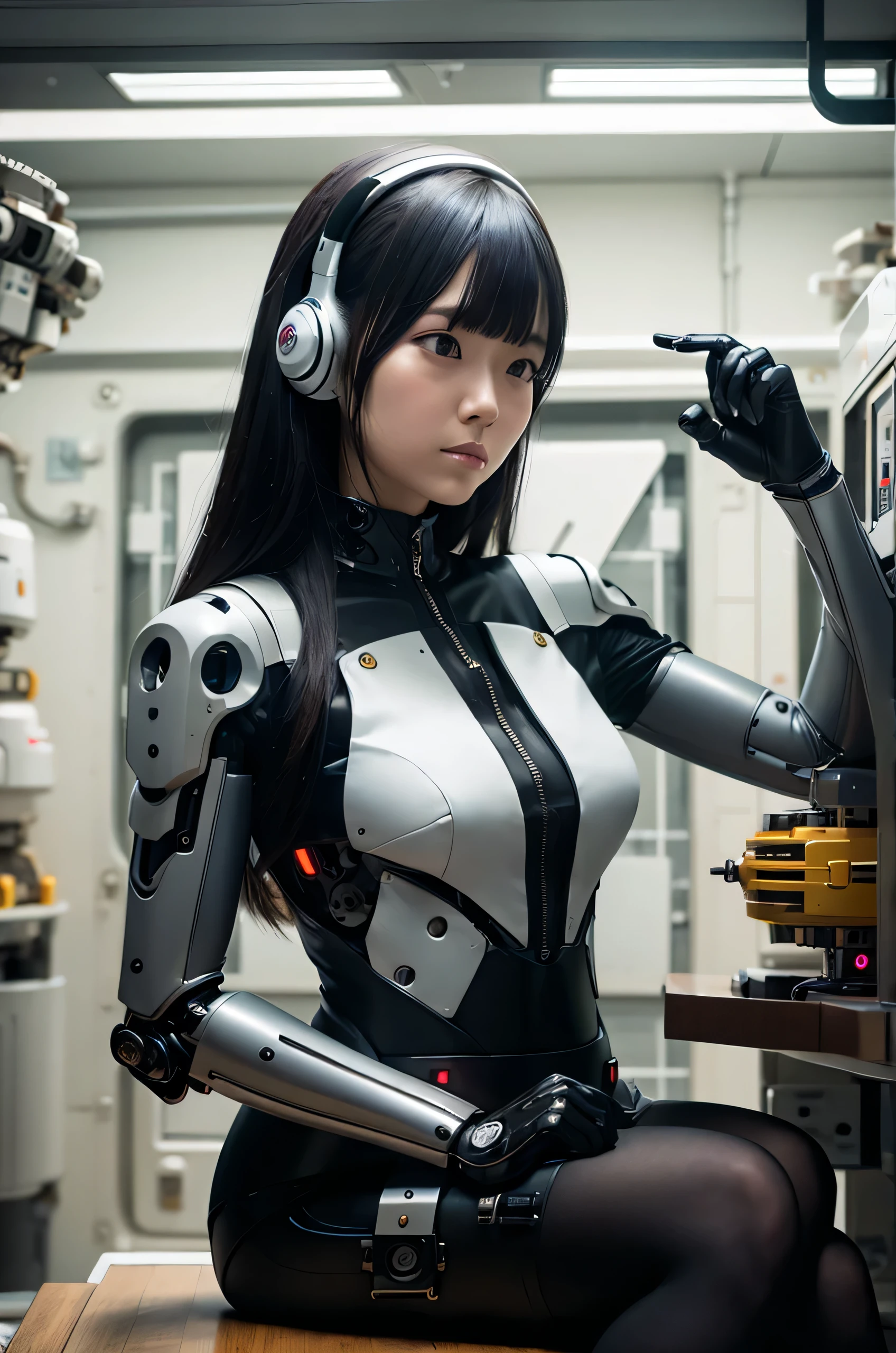 masterpiece, Best Quality, Extremely detailed, 8K Portrait,Japanese android girl,Plump ,control panels,android,Droid,Mechanical Hand, ,Robot arms and legs, Black hair,Mechanical body,Blunt bangs,Charging spot,She is charging now, mechanical ear covers,android,robot humanoid,The laboratory of the future,android factory,mechanical ear cover,business suits,darkblack tights