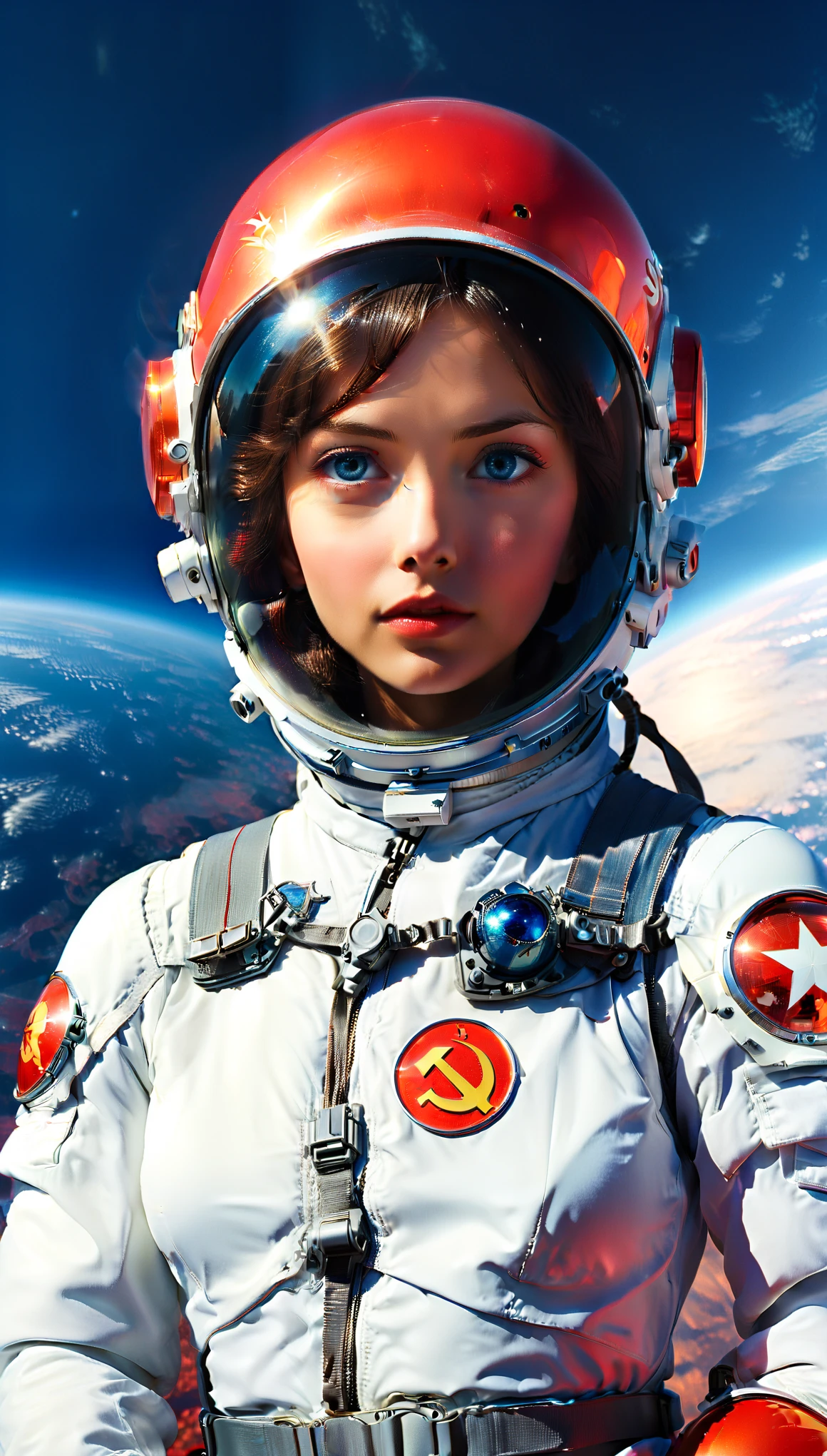 1girl,flat_breasts,cute,beautiful detailed eyes,shiny hair,visible through hair,hairs between eyes, CCCPposter, sovietposter,red monochrome,soviet poster, soviet,communism,
Black_hair,red_eyes,vampire,age,poorbreast,Spacesuit:Orange_clothing_body:jumpsuit),white_gloves, white_space shoes, white_helmet, the CCCP red letters on the top of helmet, weightlessness, Side light, reflection, The person in the spacesuit is at the bottom left of the frame, The right hand is outstretched, the right hand gently touches the Salyut space station), Space station in the upper right corner of the screen, Reflected light from the sun, Silver metal,red flag, brilliance,USSR style, diffuse reflection, Metallic texture, The vista is a blue Earth,mecha style,the sea of star,high tone, magnificent