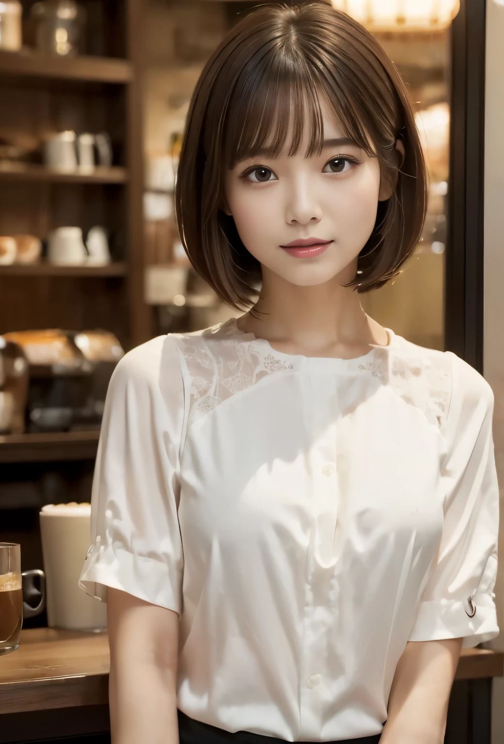 (((Cafe:1.3, indoor, Photographed from the front))), ((medium bob:1.3,blouse,japanese woman,cute)), (clean, natural makeup), (highest quality, masterpiece:1.3, 超High resolution), (Super detailed, caustics), (realistic:1.4, RAW shooting), very detailed, High resolution, 16K resolution
