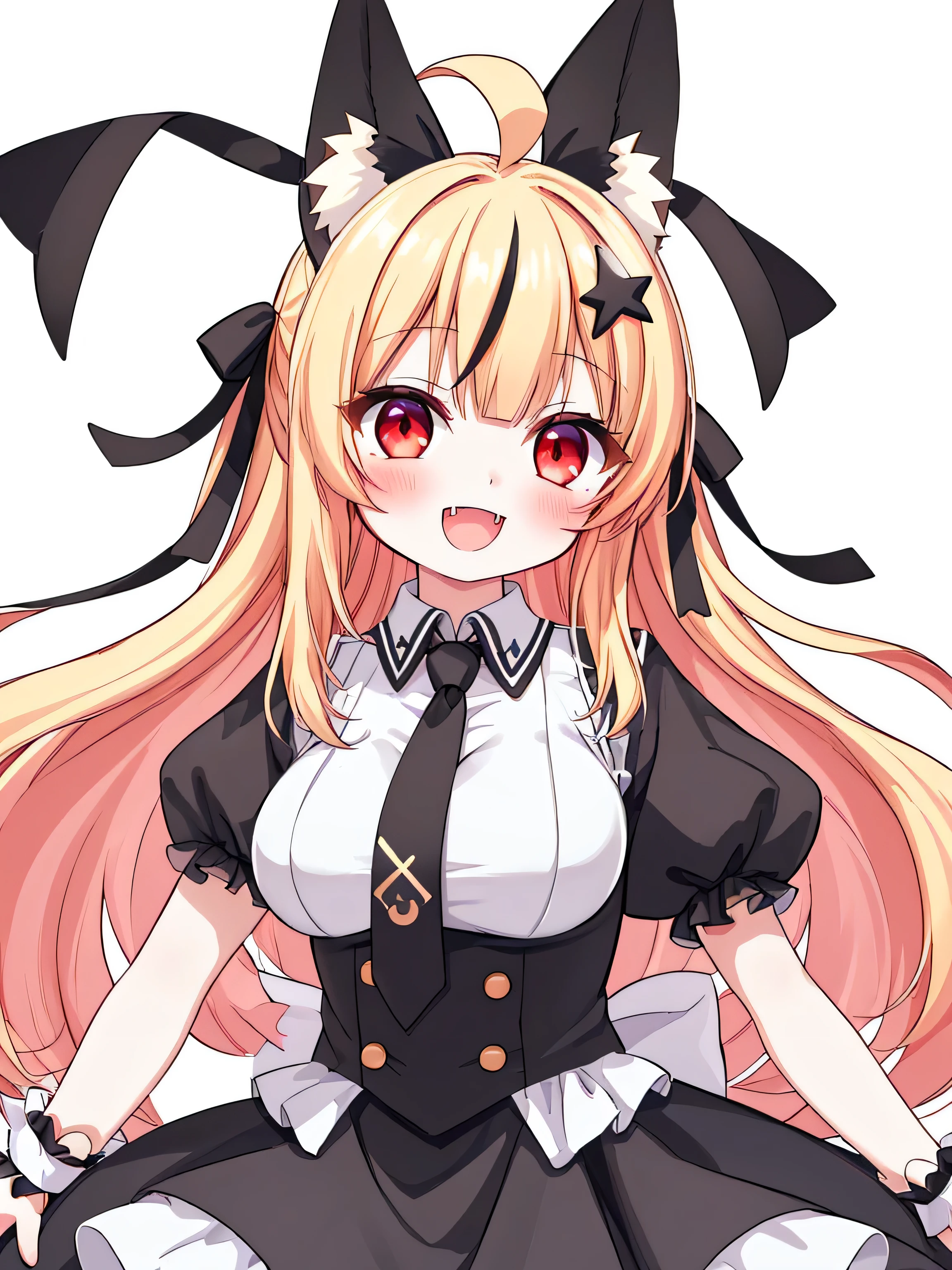 masterpiece, top quality, super detailed, CG illustration, high resolution, better lighting, best shadows, very delicate and beautiful, proper shading, hd, 8k,1girl, solo, long hair, breasts, looking at viewer, blush, smile, open mouth, bangs, blonde hair, simple background, hair ornament, red eyes, white background, dress, ribbon, animal ears, medium breasts, hair ribbon, ahoge, short sleeves, :d, multicolored hair, necktie, puffy sleeves, star (symbol), black dress, puffy short sleeves, streaked hair, animal ear fluff, black ribbon, black bow, fangs, red necktie, star hair ornament